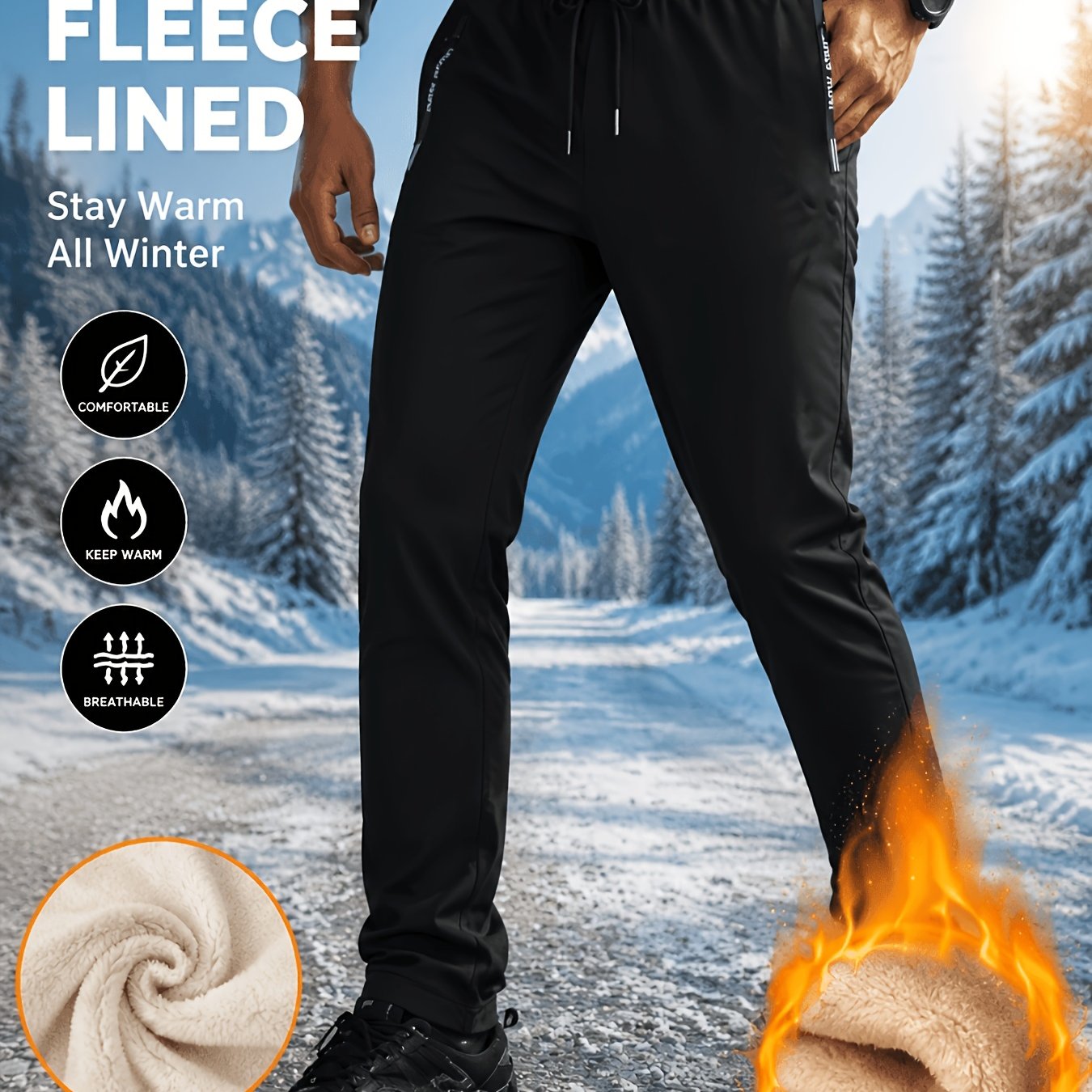 TEMU Men' Lined Thermal Joggers - Thick Fleece Winter Pants With Zipper Pockets & Elastic Cuff Suitable For Gym, Outdoor, Casual Wear, Straight Track