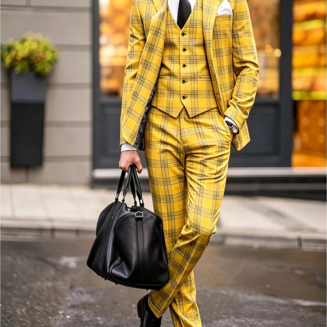 Image of Men's Casual Suit 2pcs Set With Checkered Flat Collar And Single Row Jacket, With Same Color Casual Straight-leg Trousers, Suitable For Wedding, Commuting, Light Business, Banquet, And Party Dressing