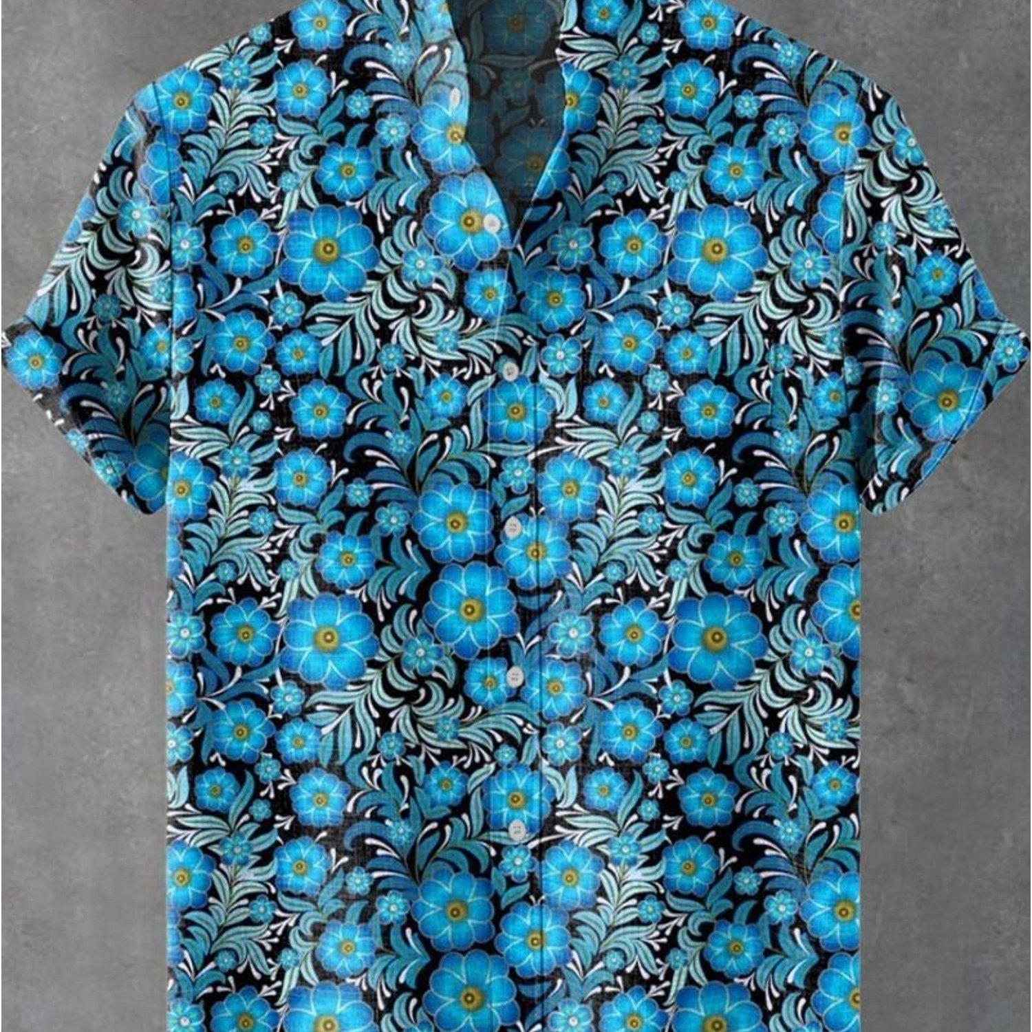 Image of Men's Formal Short-sleeved Shirt, With Blue Flower&leaf Pattern, Stand-collar With Pockets, Digital Printed, Polyester Fabric, Comfortable For Casual Wear, Multiple Sizes , Mixed Color, Hung On
