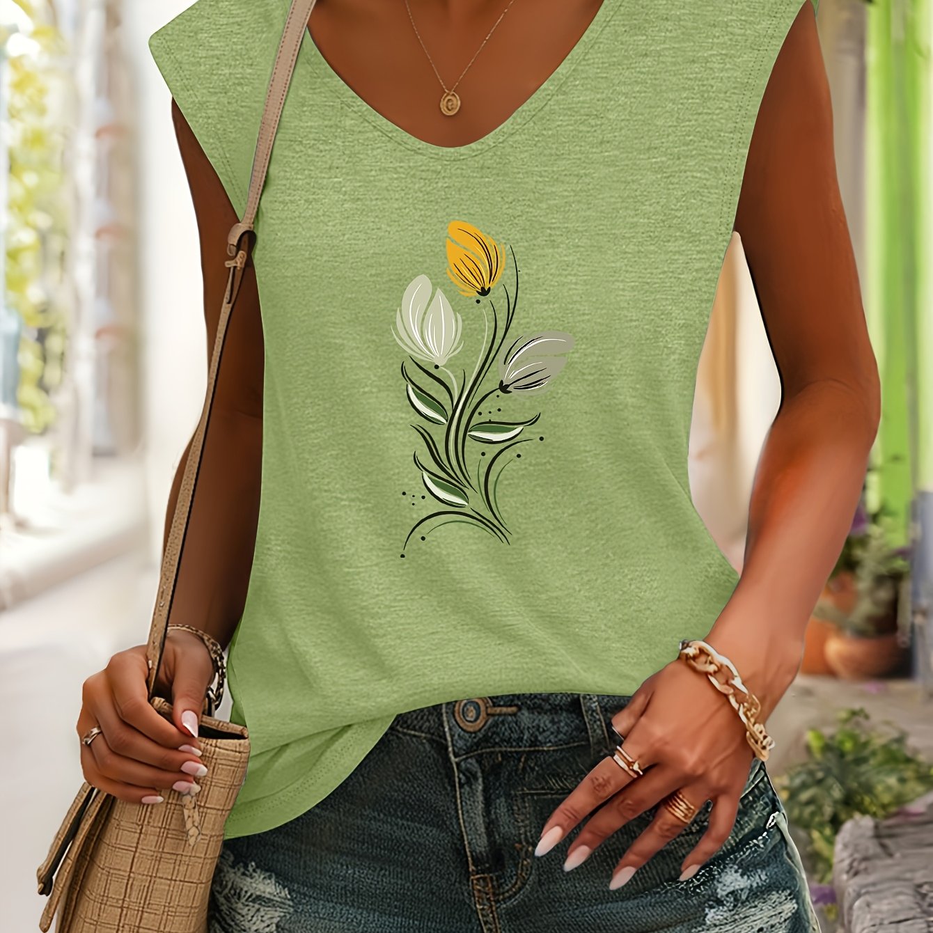 TEMU A Sleeveless T-shirt With A Modern Minimalist Abstract Floral Print Versatile And Comfortable, Made From Breathable Fabric, Perfect For Casual ,
