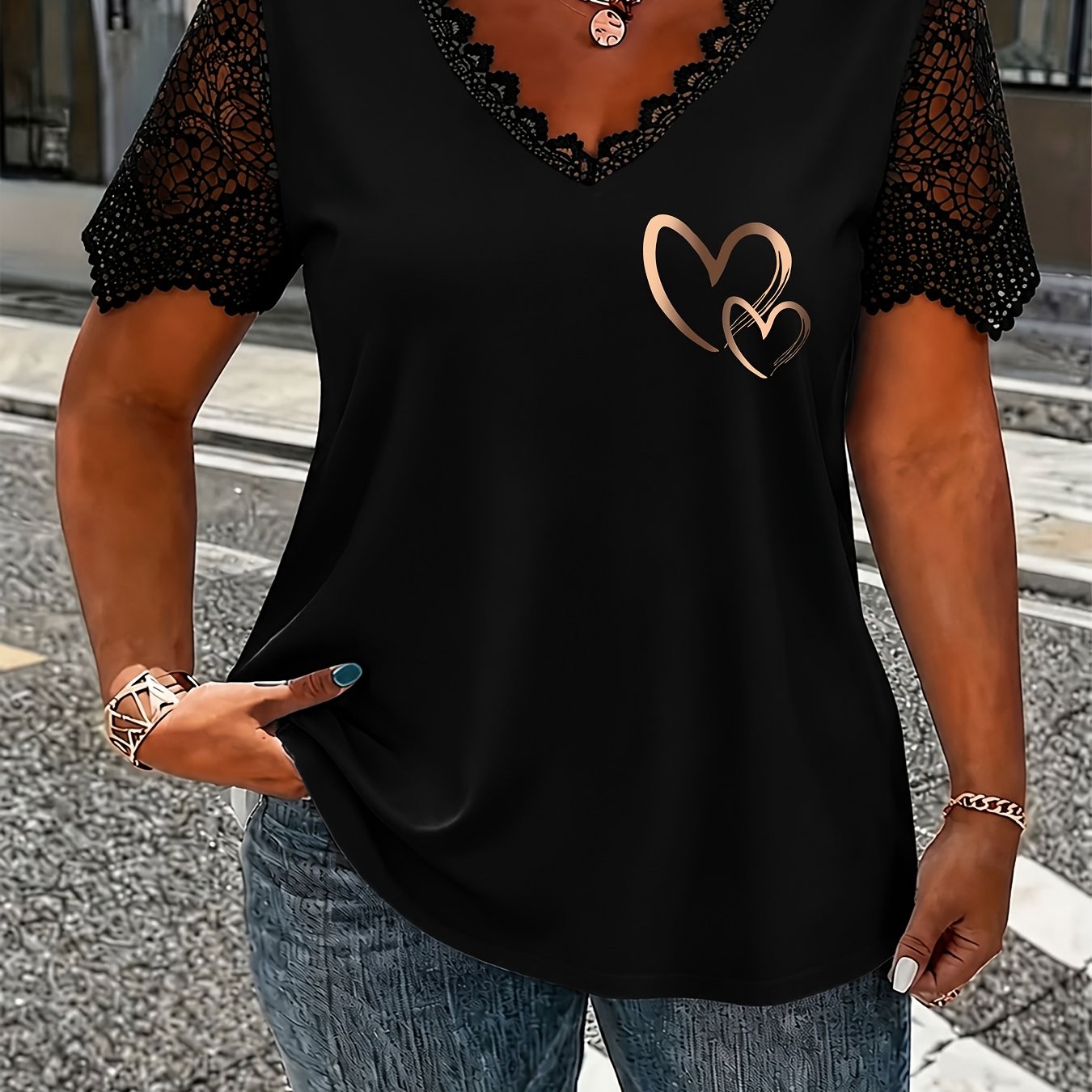 TEMU T-shirt d'été femme grande taille, col en V, bordure dentelle, du ventre, haut tendance