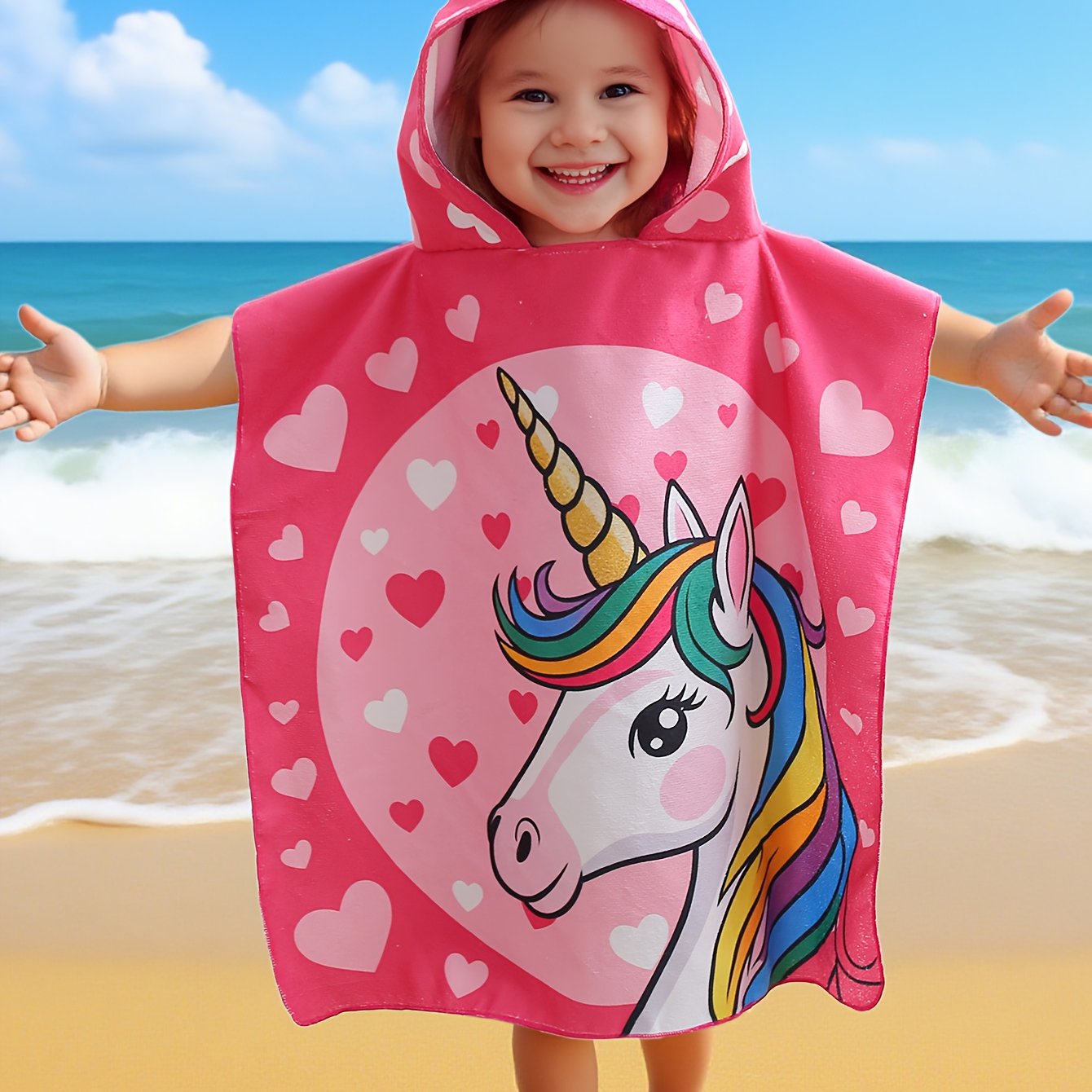 Image of 1pc Kids' Unicorn Pattern Absorbent Swimming Hoodie, Travel-wearable Quick-dry Sportswear, Suitable For Outdoor Swimming And Water Play, For Your