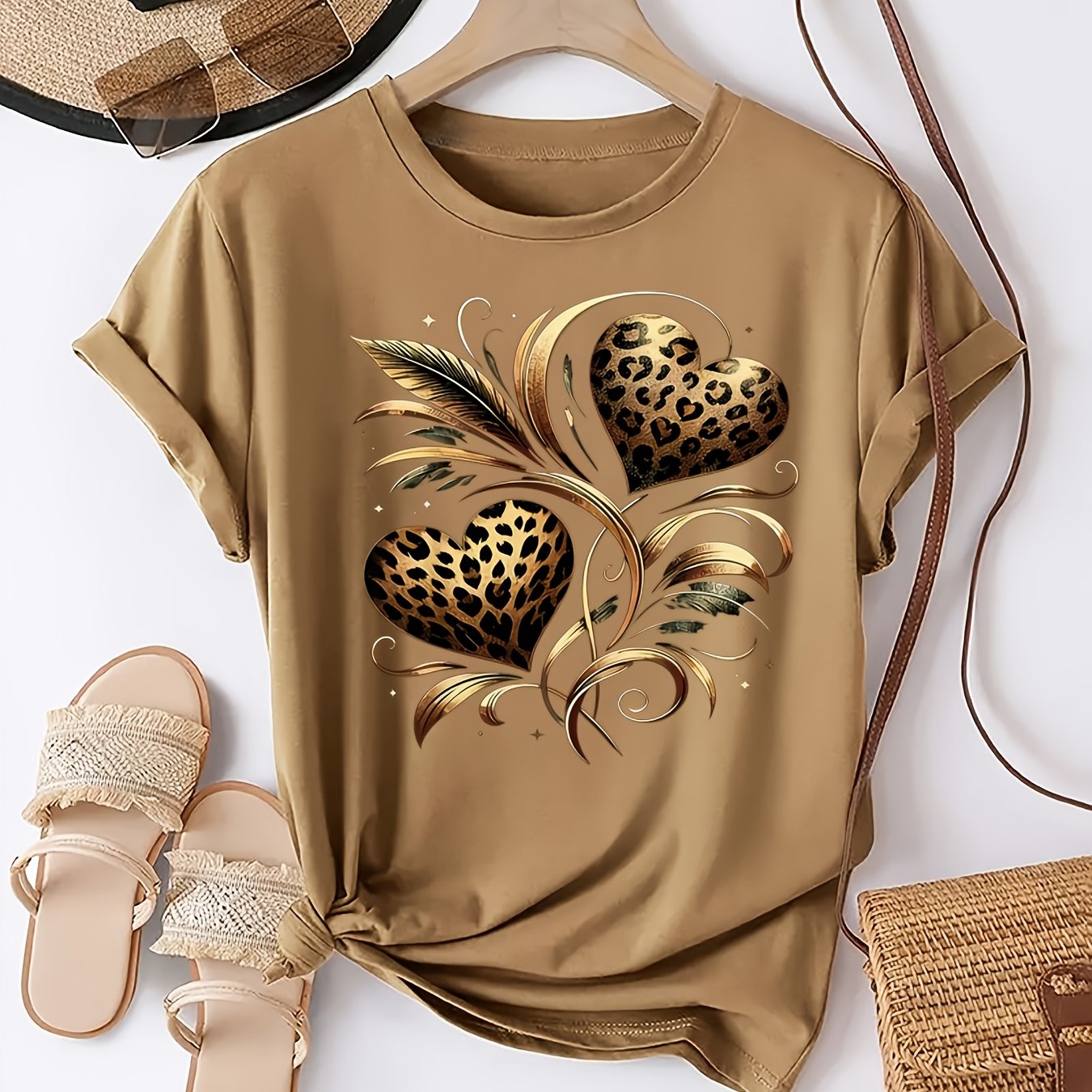 E-shop Damen Leopard Print Herz Muster Mode Freizeit Sportliches Rundhals Kurzarm T-Shirt