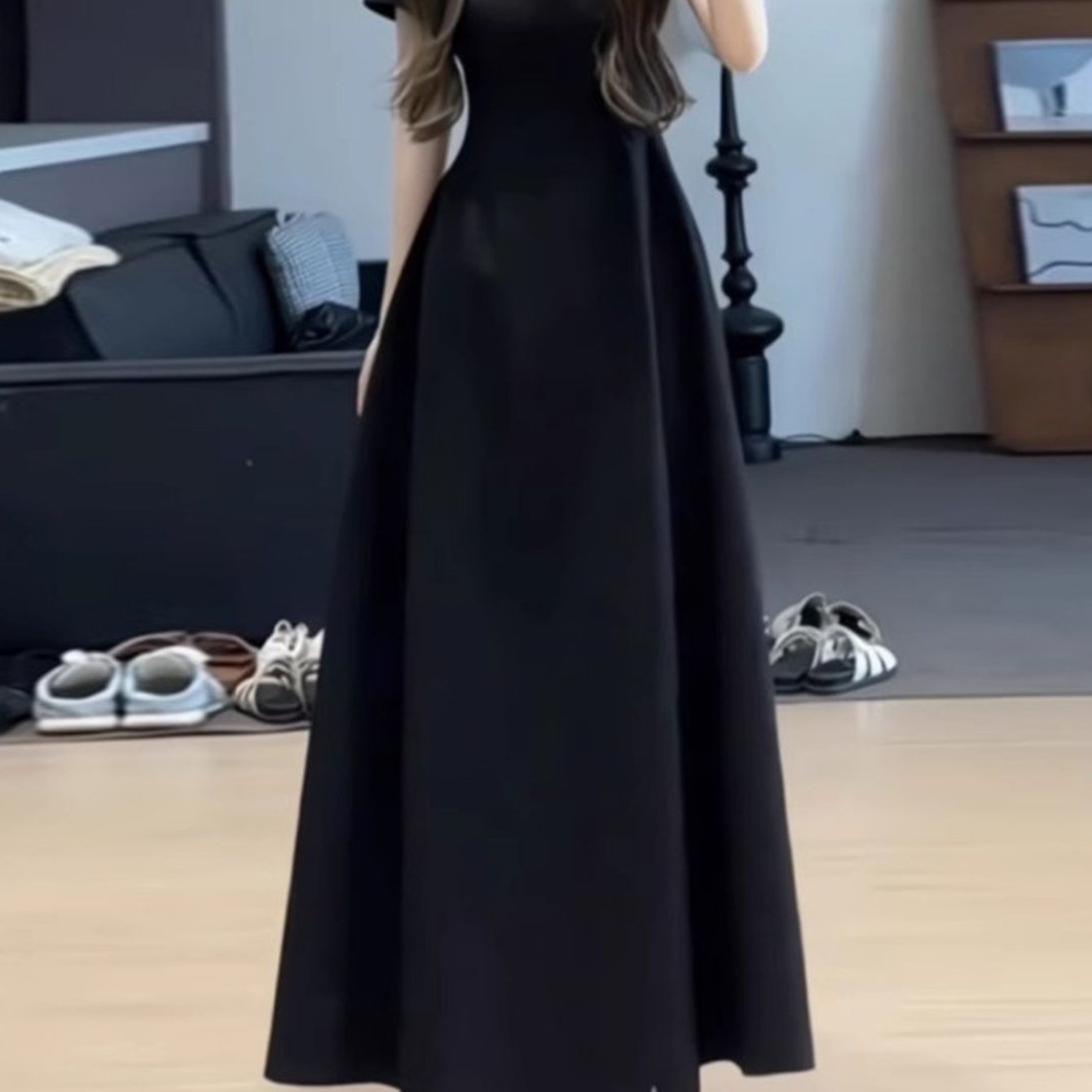 TEMU 夏用 レディース フレンチスタイル レトロロングドレス、新デザイン、シンチウエストで効果的なヘベンスタイル ブラックドレス