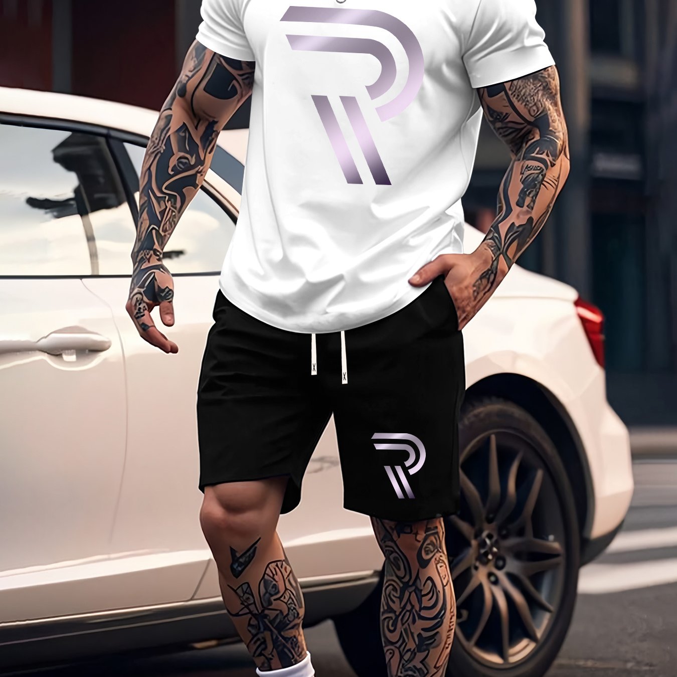 TEMU Men's Summer Casual T-shirt Two-piece Set With , Fashionable Men's Short Sleeve Trendy Sportswear Outfit