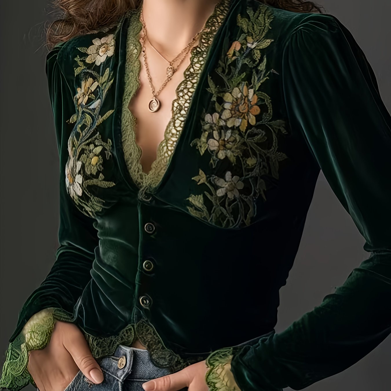 Directed Women's Fashion New Elegant Floral Velvet Shirt Top, Long Sleeves, Lace Stitching, Slim Fit, Solid Color