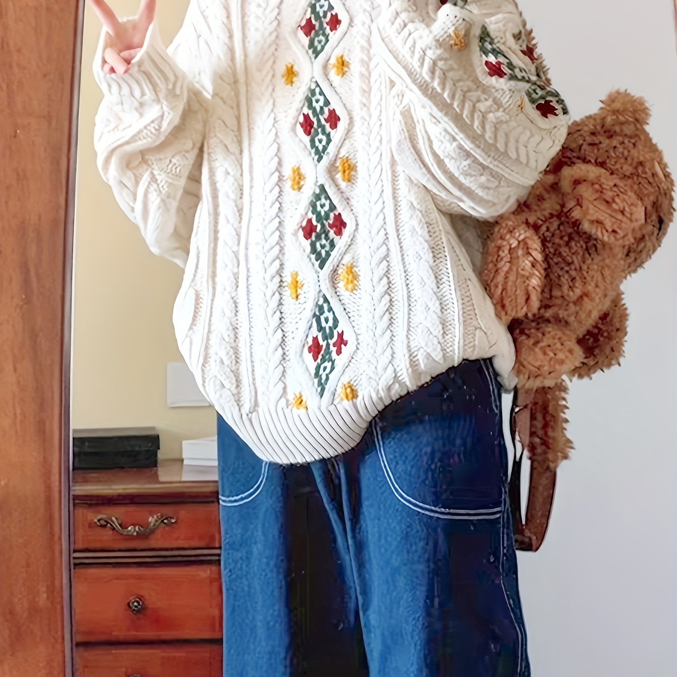 TEMU Plus Size, Steaming Bun Directional Autumn/winter Drop-shoulder Relaxed Style Versatile Commuter Plus-size Floral Pattern Pullover, Korean-style