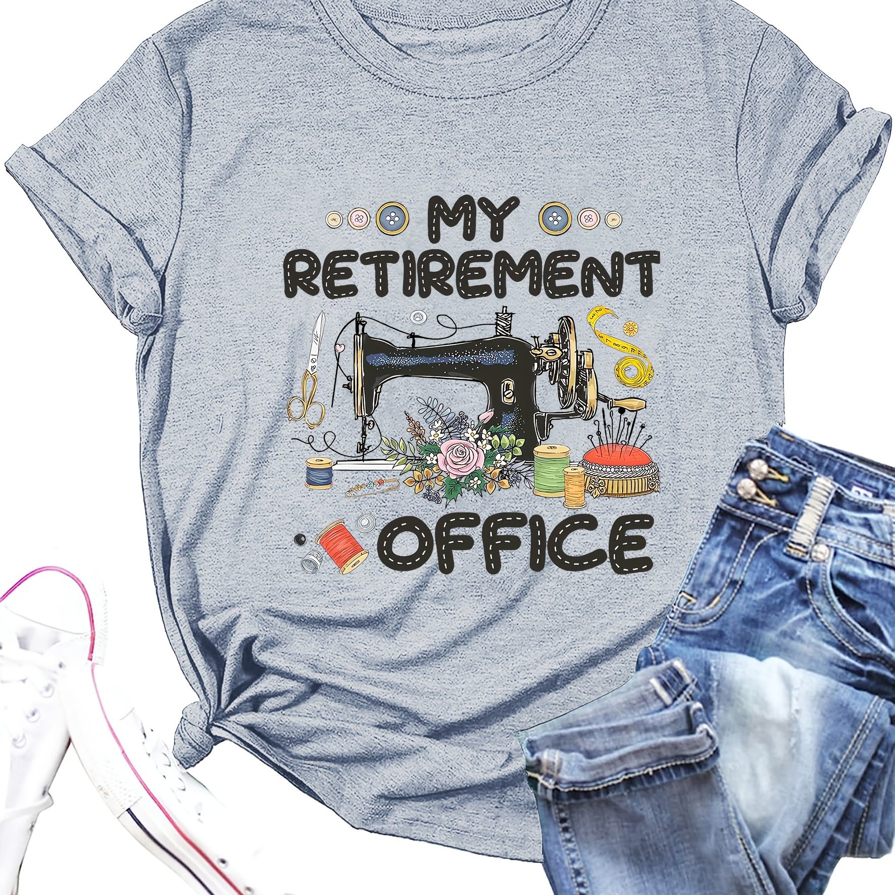 TEMU Sewing Machine Letter Element Printed Women's Summer Outfit Version Round Neck T-shirt