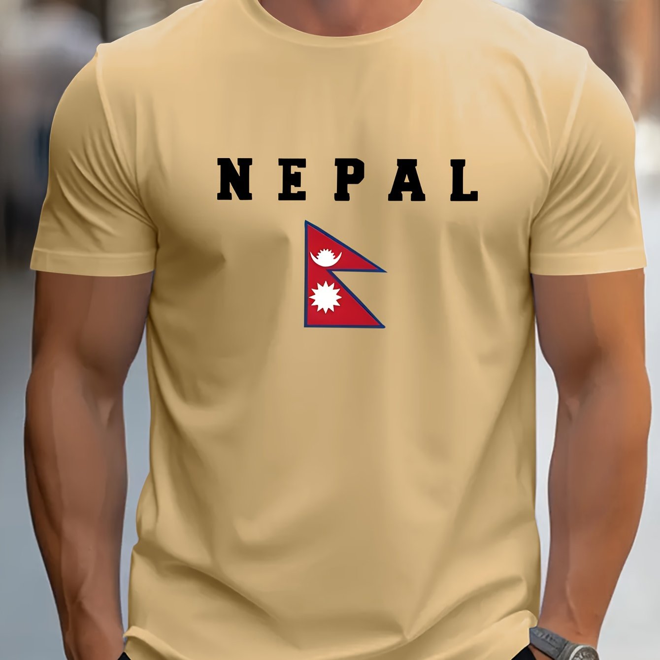 TEMU Flag Of Nepal Print, Men's Round Crew Neck Short Sleeve Tee, Casual T-shirt, Casual Comfy Lightweight Top For Summer