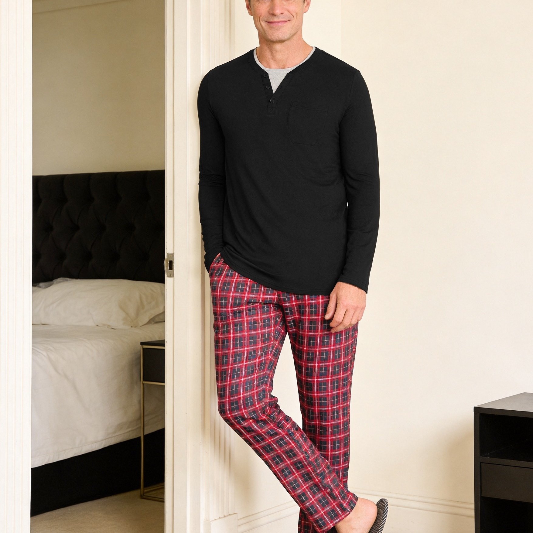 Image of Men's Spandex Pajama Set, Long Sleeve Layered Henley Neck Top With Button And Chest Pocket And Straight Leg Pants With Pockets, Soft Stretchy 2pcs Sleepwear Loungewear