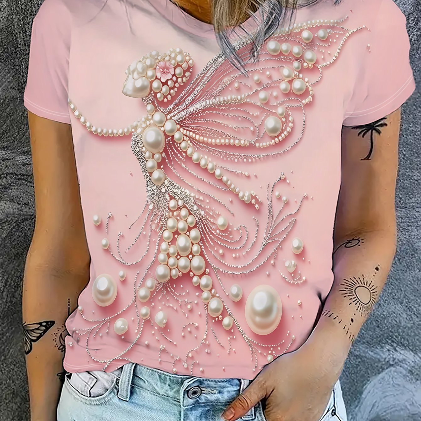 TEMU Women's Pink Round Neck Short Sleeve T-shirt With Pearl