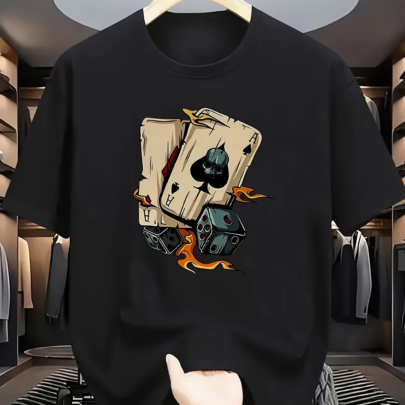 TEMU Men's Casual Graphic T-shirt - Breathable Quick-dry Fabric, Loose Fit With Creative Playing Card Print, Solid Color Urban Street Style, Machine