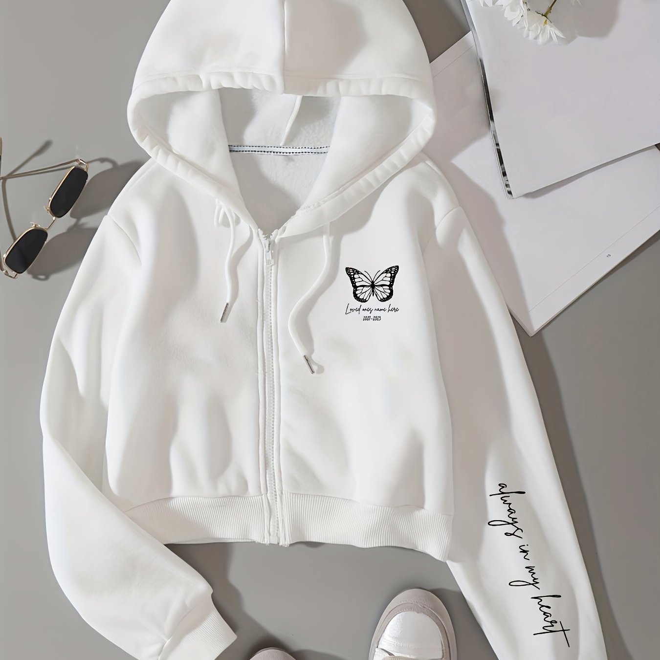 TEMU Sweat à capuche décontracté à fermeture éclair courte avec imprimé papillon et lettres, mode automne/hiver, adapté aux quotidiens pour et S