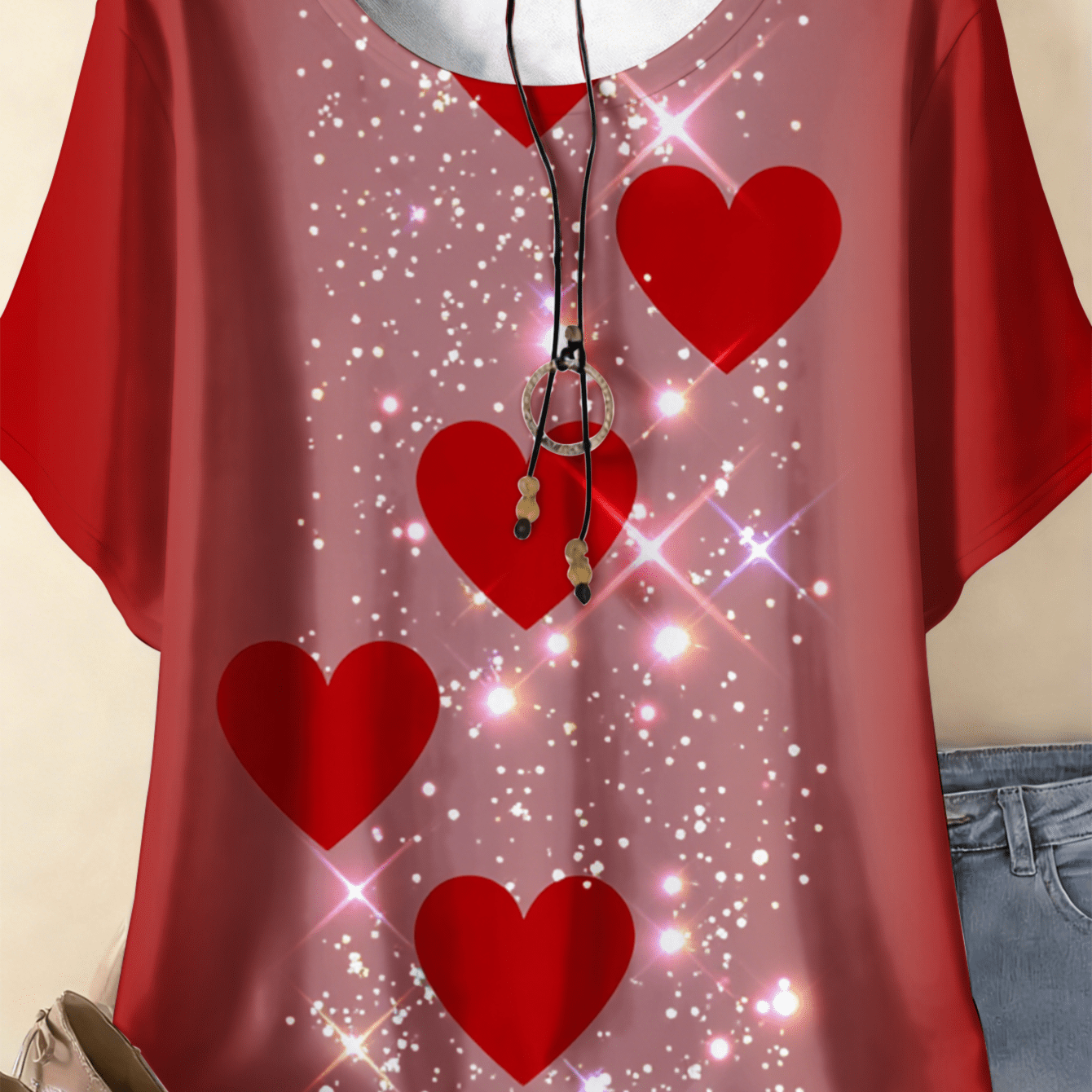 TEMU Plus Size, 0-9xl Plus Size Red Hearts Sparkle Print Design Women's Summer T-shirt Comfortable Fabrics Suitable For Spring, Summer, And Autumn