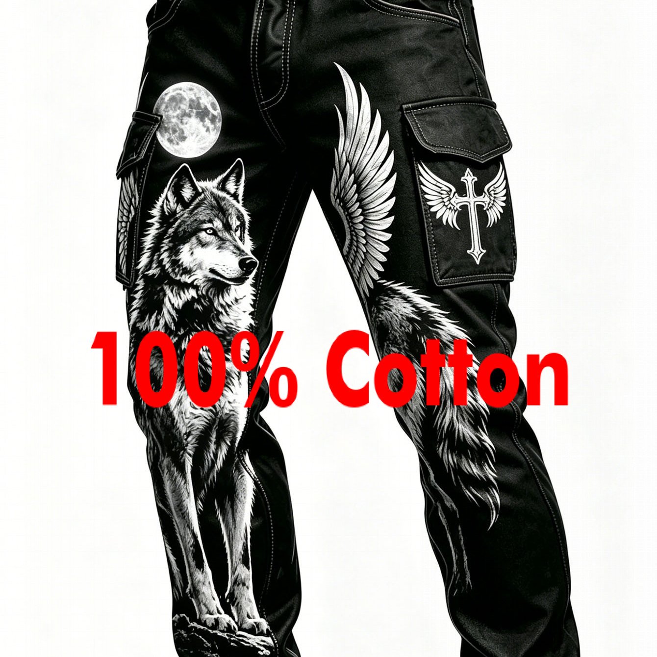 Image of Men's Vintage Street Printed Wolf& Moon Wing Cross Cargo Pants, Casual Daily Outdoor Trousers