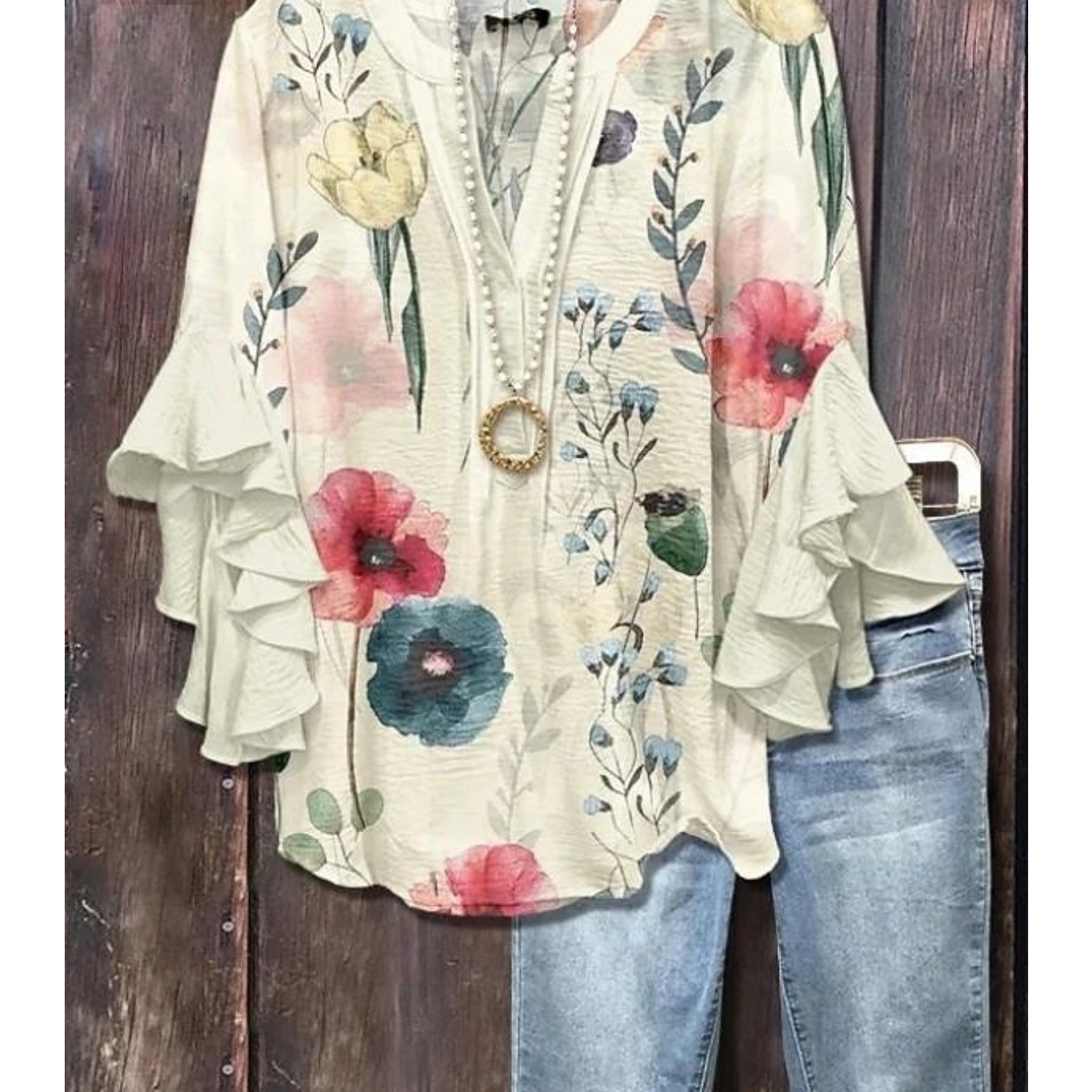 TEMU Women's Blouse Ruffle Print Paisley Stylish Modern 3/4 Length Sleeve V Neck Regular Holiday Summer