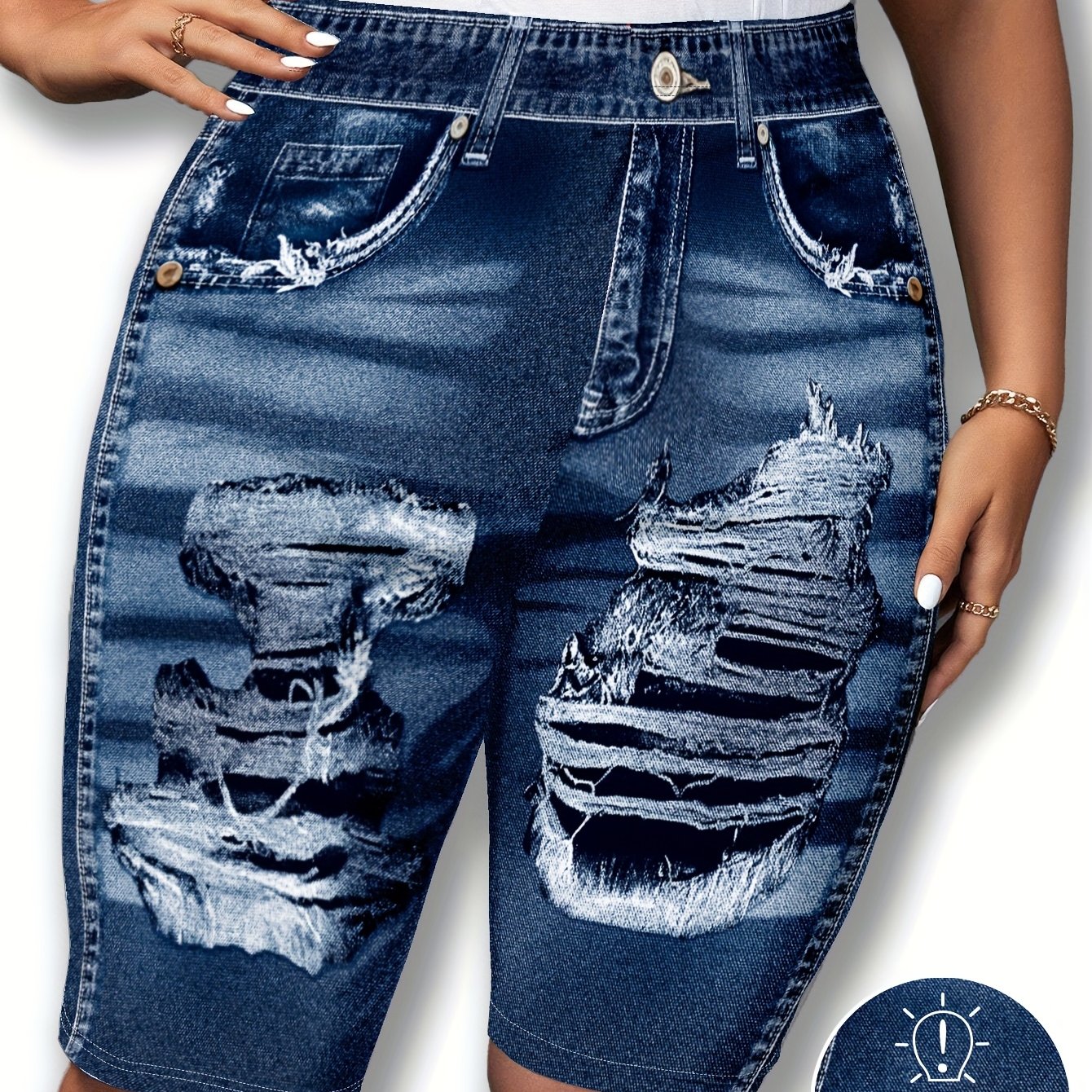 TEMU [printed Pants - Not Denim Fabric]women's Casual Fashion Denim Effect Printed Tight-fitting Leggings Shorts