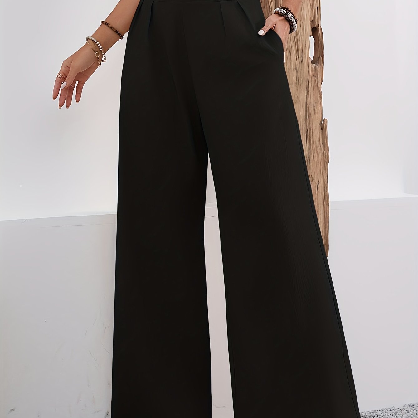 TEMU Women's Casual Wide-leg Pants - Solid Color, High Waist With Zip Detail, Non-stretch Polyester, Machine Washable