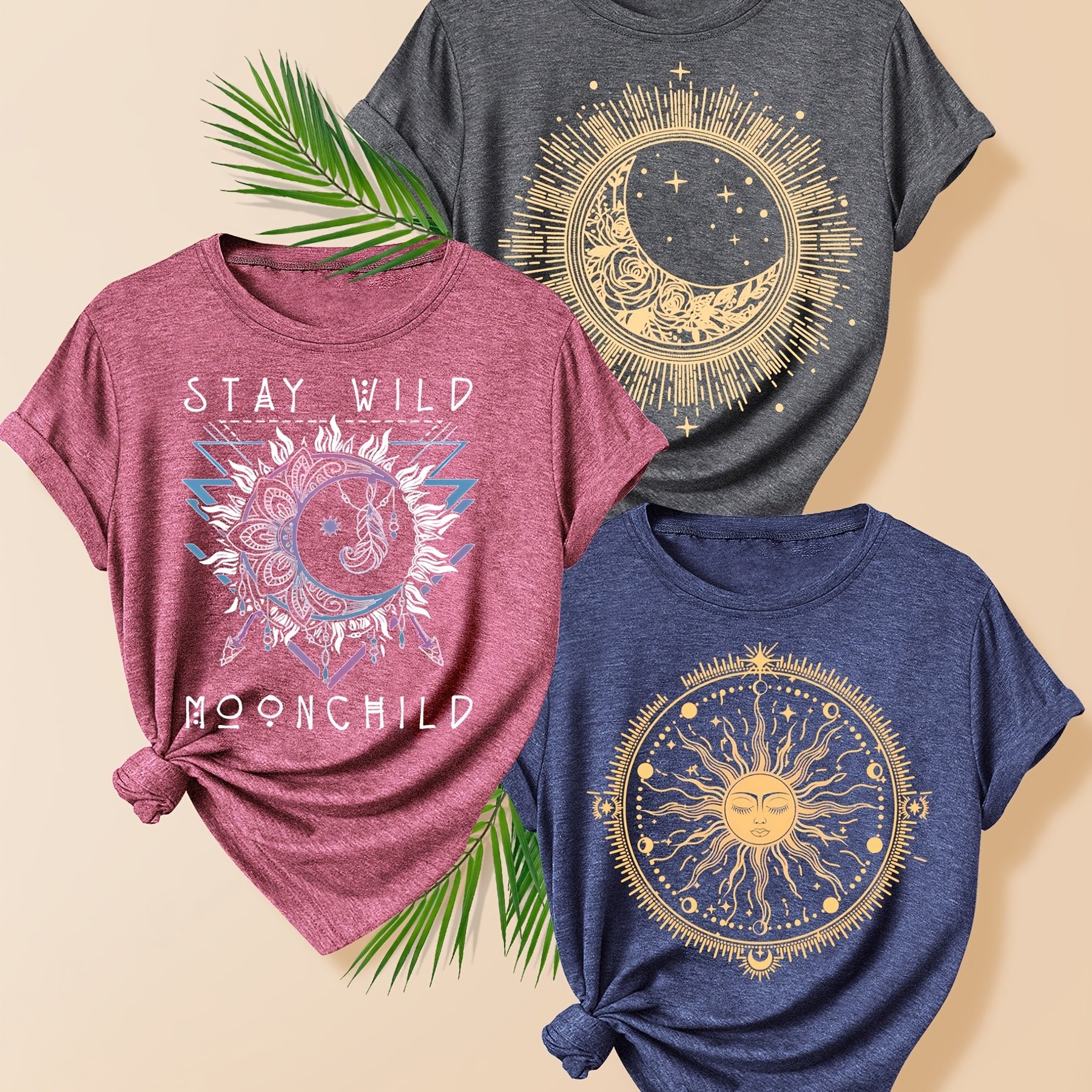 TEMU Set Of 3 Creative Letter Sun Pattern Tops For Family, , Or Sisters, Featuring Stylish Retro Designs. Perfect For Summer Casual Sports Wear, In
