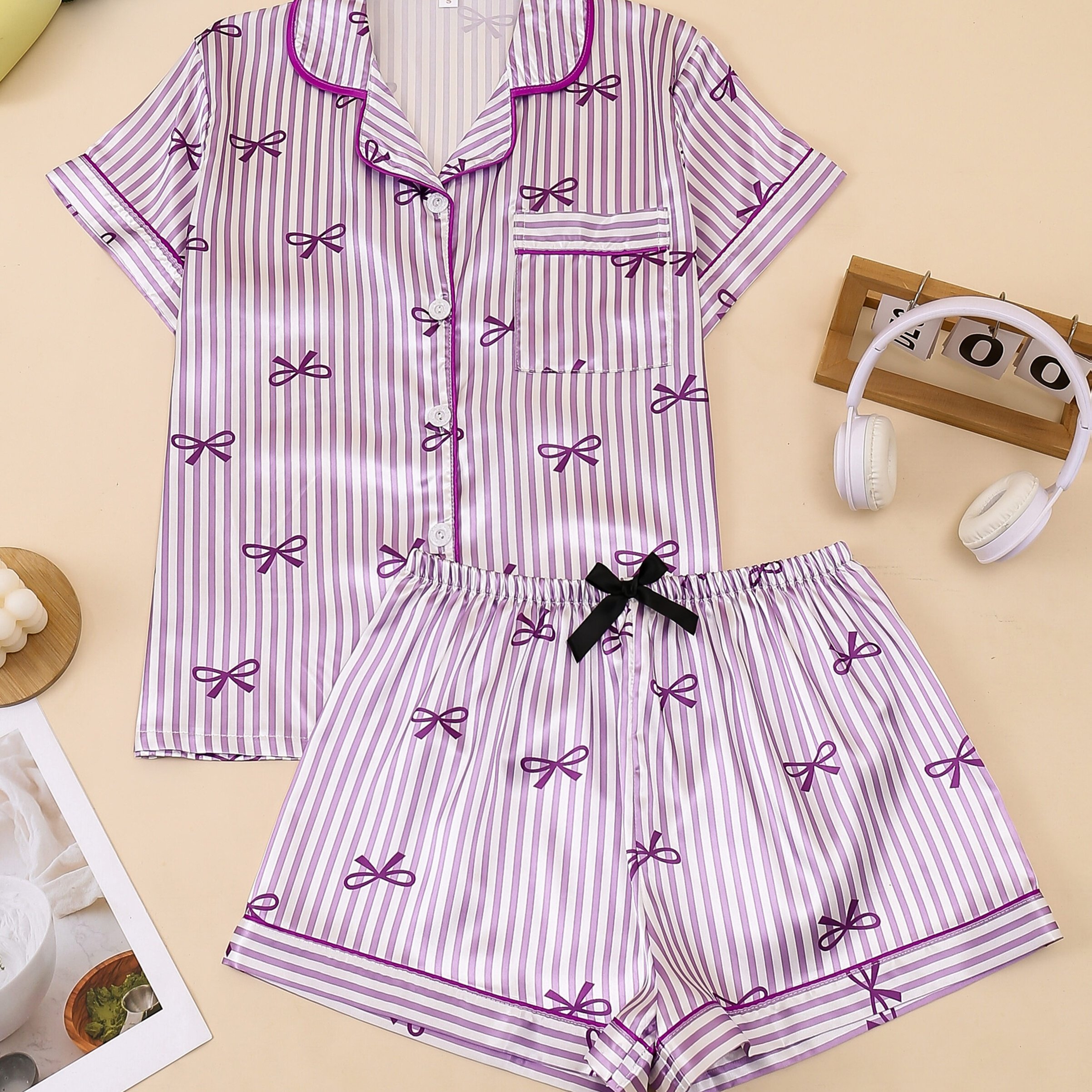 TEMU Ensemble Pyjama Femme 2 Pièces à Rayures avec Nœud, Cardigan Manches Courtes et Short à Taille Élastique, Vêtement de Nuit Confortable et Tenue