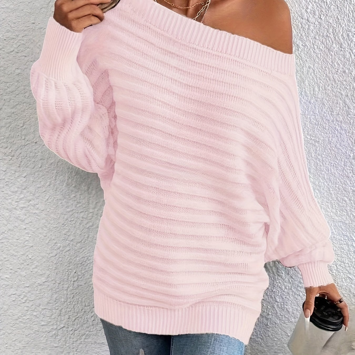 Elegant Off-shoulder Sweater For Women - Chic Solid Color, Cozy Acrylic Pullover With Lantern Sleeves, Casual & Stylish, Fall/winter - Hand Washable
