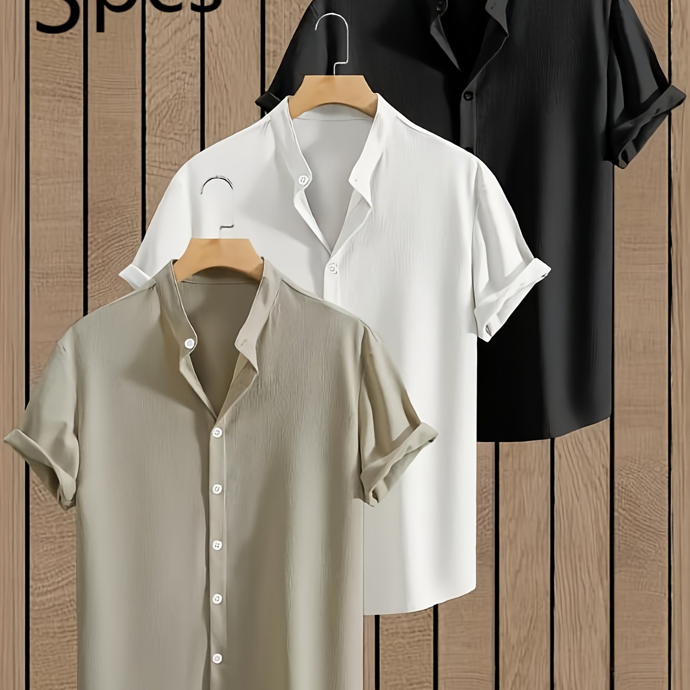 3pcss Men's Summer Solid Short Sleeve Collar Shirt Set, Breathable Comfortable Textured Button-up Top, Casual Fashion Versatile Shirt, Suitable For Daily Wear, Beach Vacation, 3pcss Set