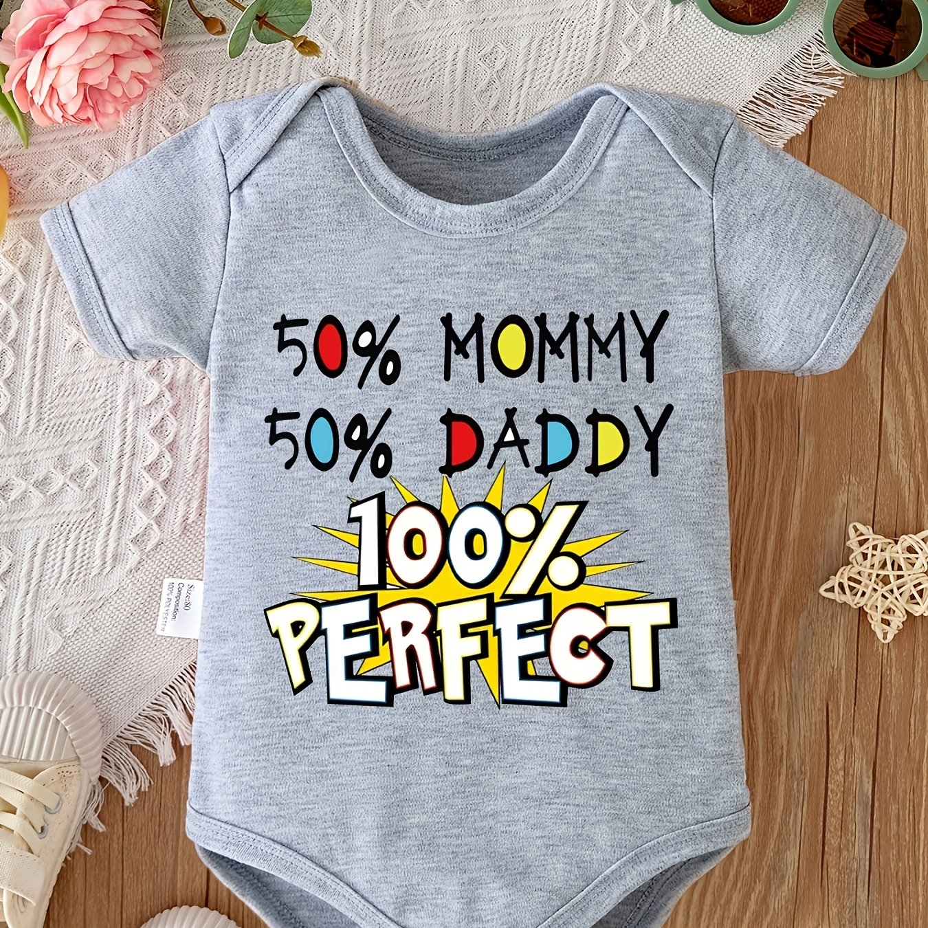 Image of 50% Mommy 50% Daddy 100% Perfect Letter Print Baby Bodysuit Newborn Romper Soft Comfortable Pregnancy Gift, Perfect For Outdoor