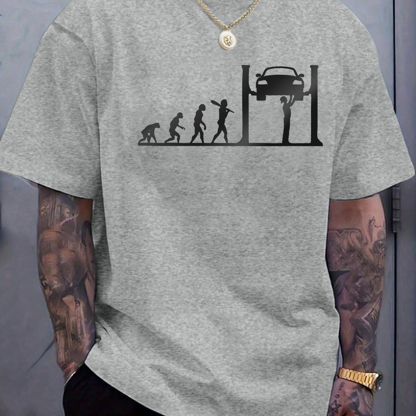 TEMU Men's Casual Short Sleeve T-shirt With Car Repair - 100% Polyester, Lightweight 180gsm, Regular Fit Round Neck, Breathable Summer Tee For