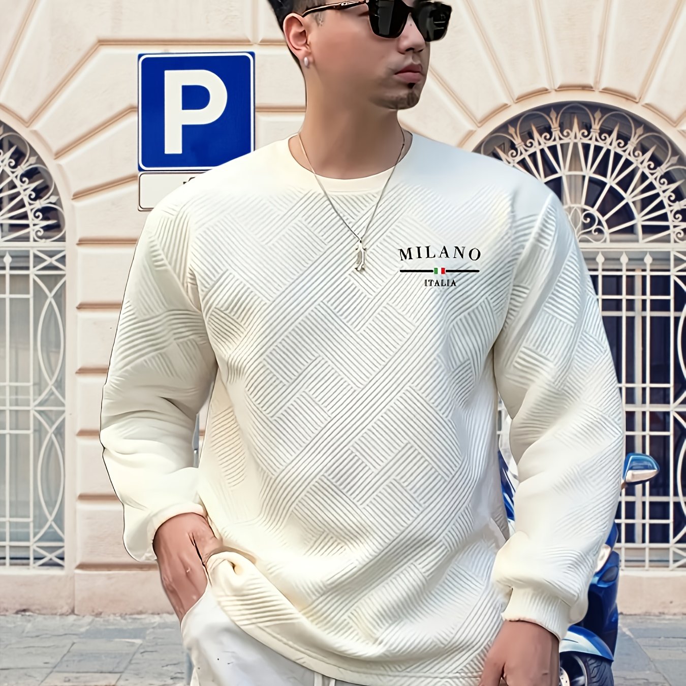 E-shop Lässiges Herren Langarm Sweatshirt für Frühling/Herbst, vielseitiger Alltags-Jacquard-Polyester-Rundhals-Pullover in schwerer Ausführung