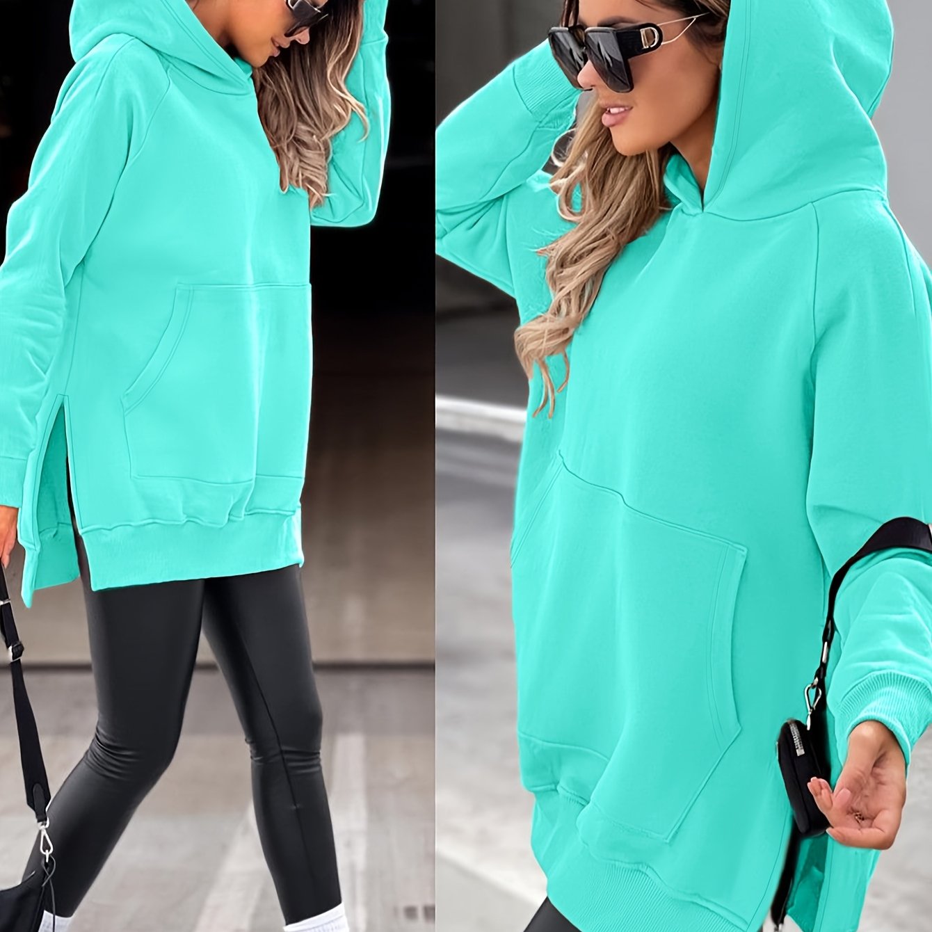 Autumn And Winter Women's Fashion Casual Solid Color Side Slit Hooded Sweatshirt, Raglan Long-sleeved Hoodie With Pockets, Fleece-lined Warm I -match, Suitable For Daily Casual Wear