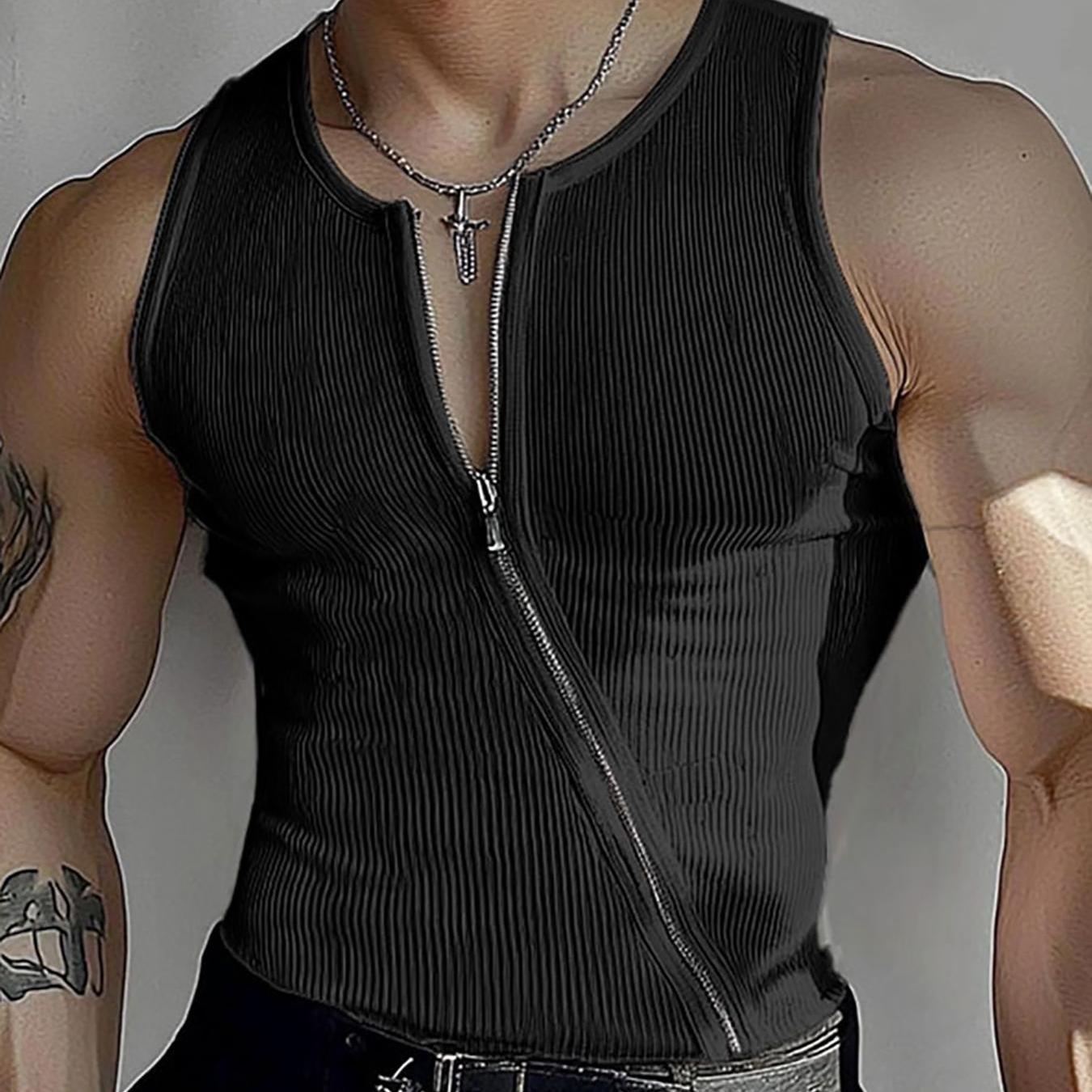 E-shop INCERUN Herren Slim Fit Tank Tops mit Frontreißverschluss, O-Hals, ärmellos, eng anliegend, , Outdoor, Hippy, Casual Weste