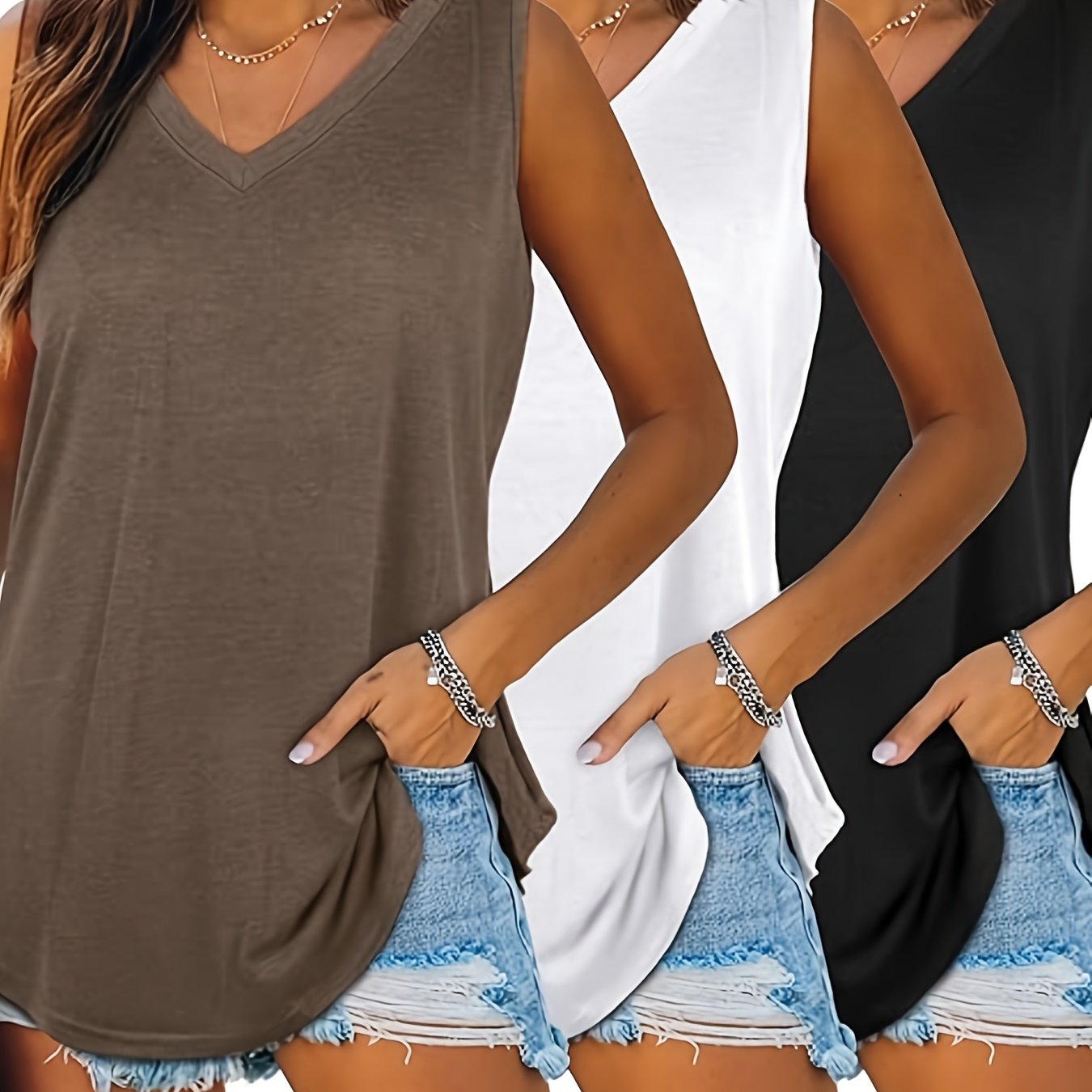 3pcs Set Of Solid V-neck Tank Tops, Summer Casual Loose Fit Sleeveless Top, Suitable For Spring And Summer, Women's Clothing