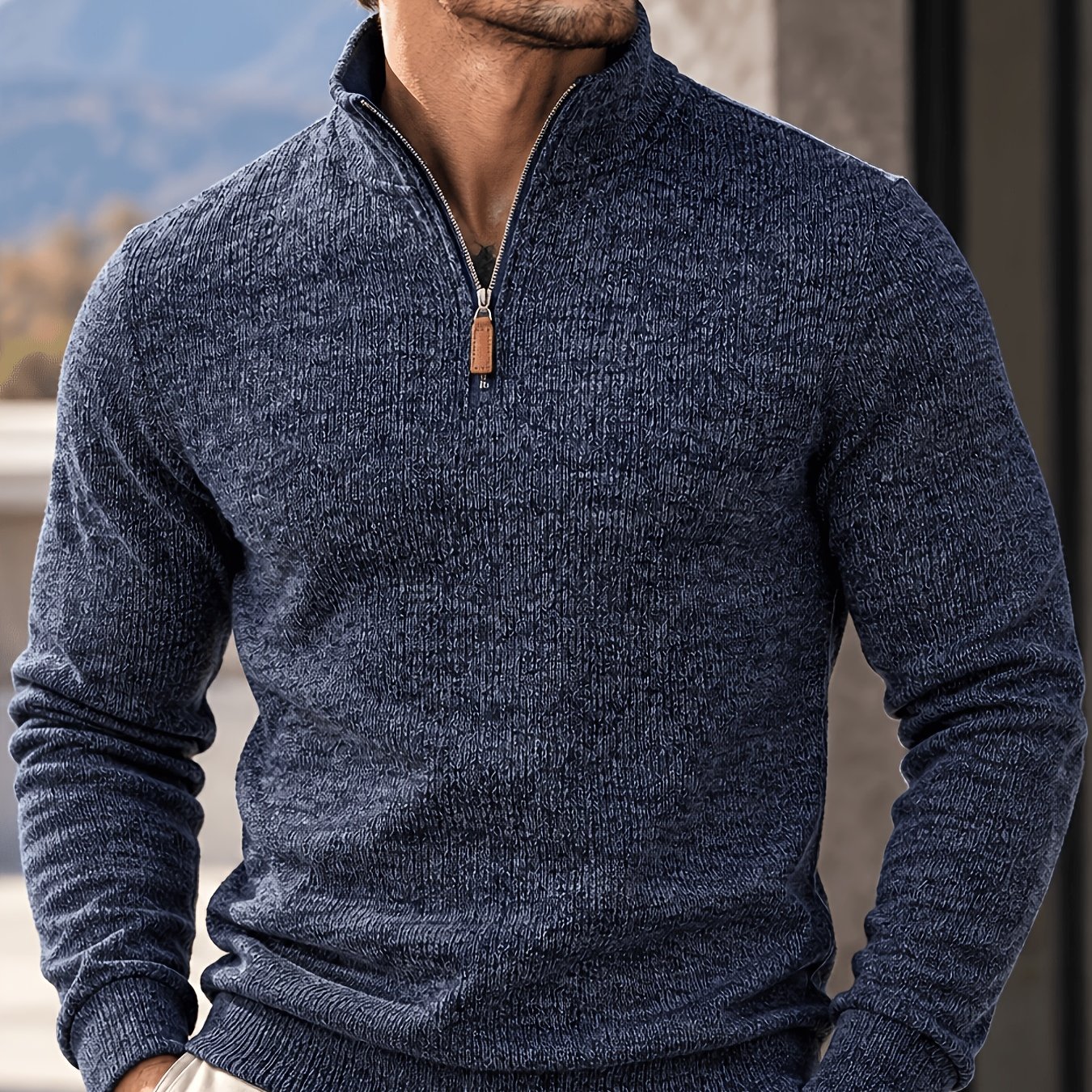 TEMU Pull Homme Bleu Multicolore Demi-Zip Col Mao, Pull d'Automne Hiver Manches Longues Tricoté Texturé Haut Décontracté, Tenue Quotidienne Régulière