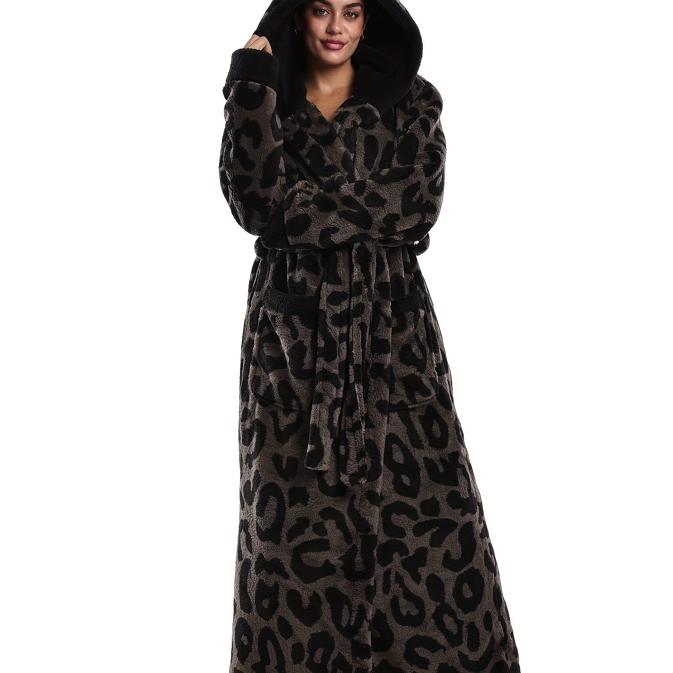 Image of Women's Winter Warm Leopard Print Kimono Robe - Thickened Full-length Nightgown With Hooded Door Panel &, Cozy Bath Suit For, Machine Washable