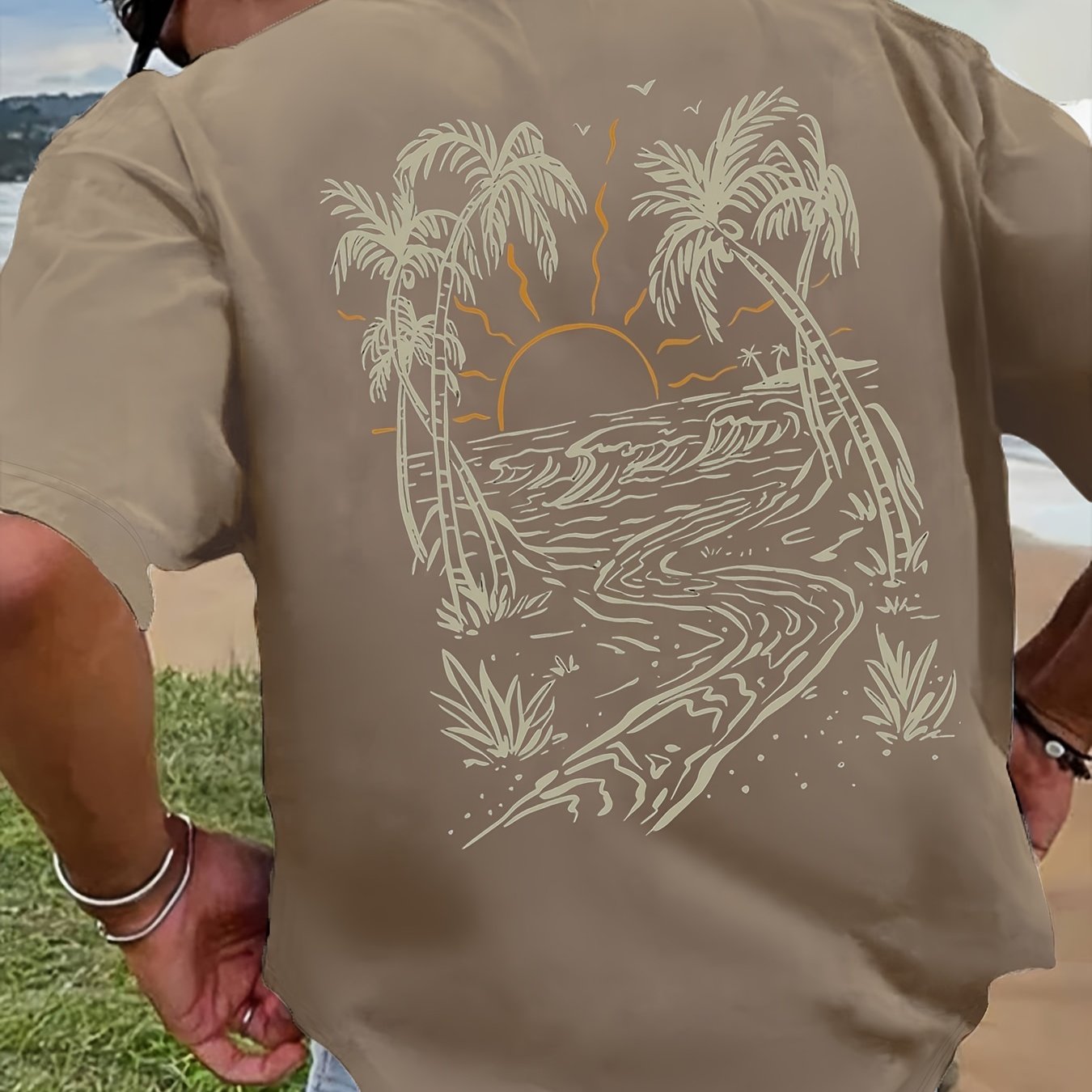 TEMU Men's Beach Island Element Print Short Sleeve T-shirt, Comfortable And Breathable For Summer Wear, Fashion Trend