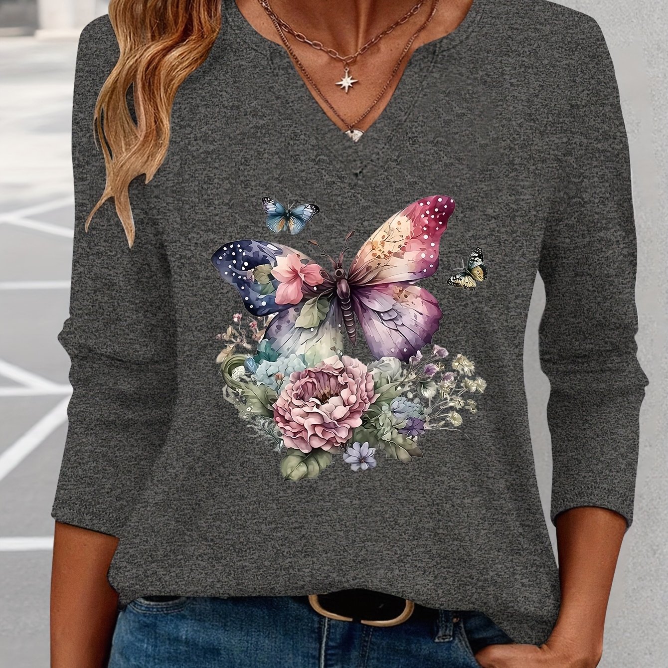 TEMU Print V-neck Three-quarter Sleeve T-shirt 8505