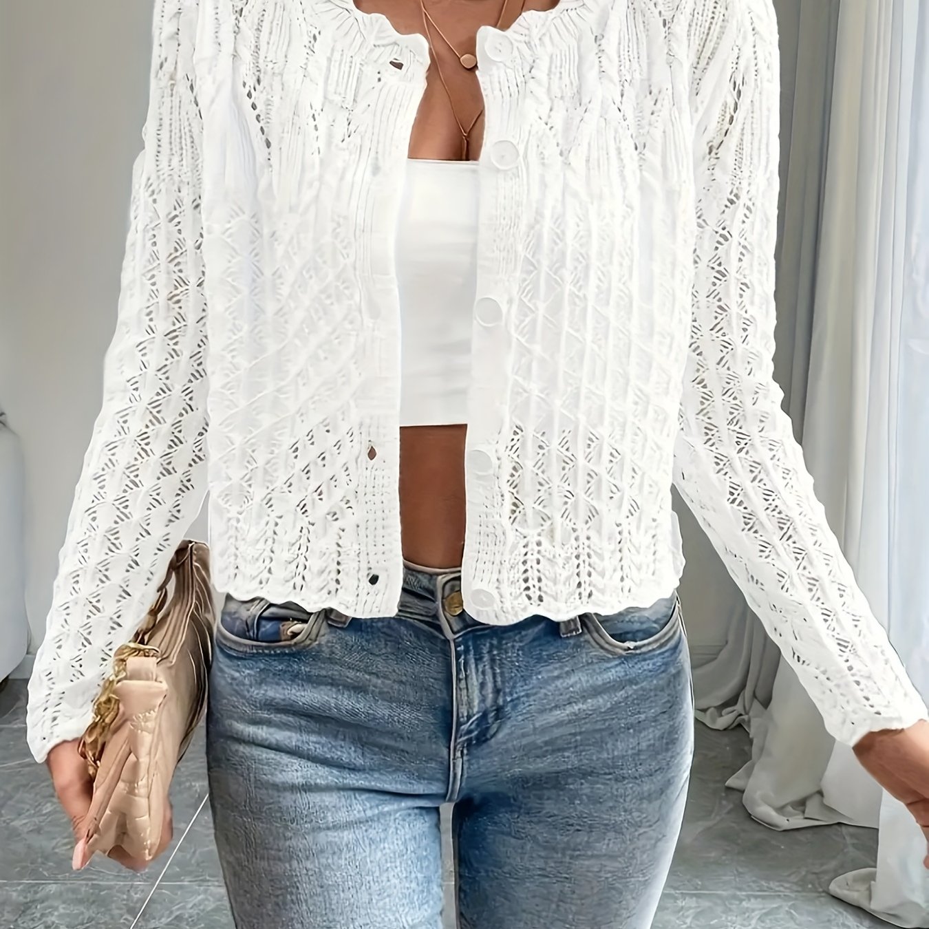 E-shop Plus Size, Frühling/Sommer Eleganter Stil Herbst Häkelblumen-Spitze Langarm Weißer Cardigan Plus Size Damen Überwurf Offene Front Oberbekleidung