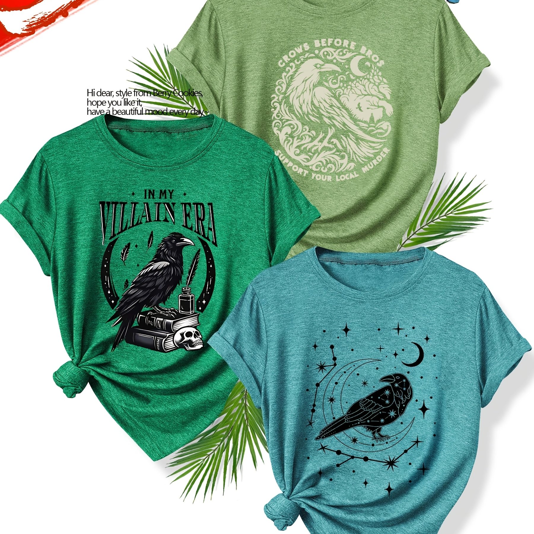 TEMU 3pcs Women's Vintage Bird Print T-shirts - Short Sleeve Round Neck Blouses, Casual Summer & Tops With Bird Motif, S-xxl In Multi-colors (machine