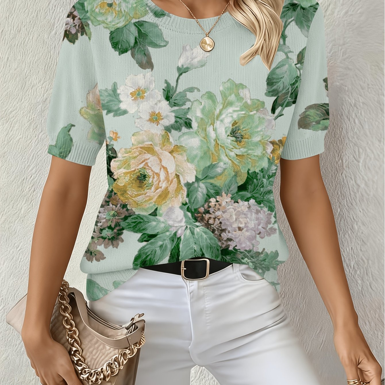 TEMU Spring/summer Temperament Style Round Neck Fabric Short Sleeve Pullover, Elegant Loose Fit, Floral Print Design Without Texture, Suitable For ,