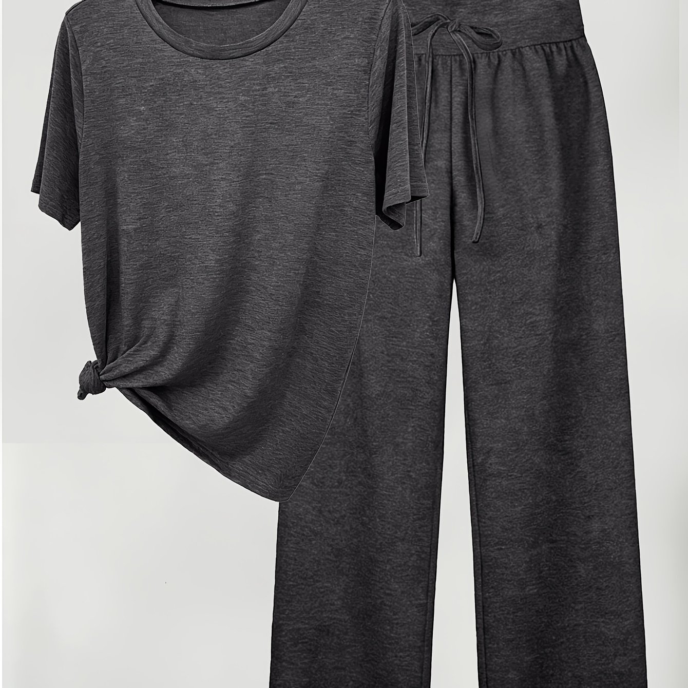 TEMU Ensemble T-shirt court à col rond et pantalon long pour femme, design simple, coupe confortable, tissu moyennement extensible, taille élastique