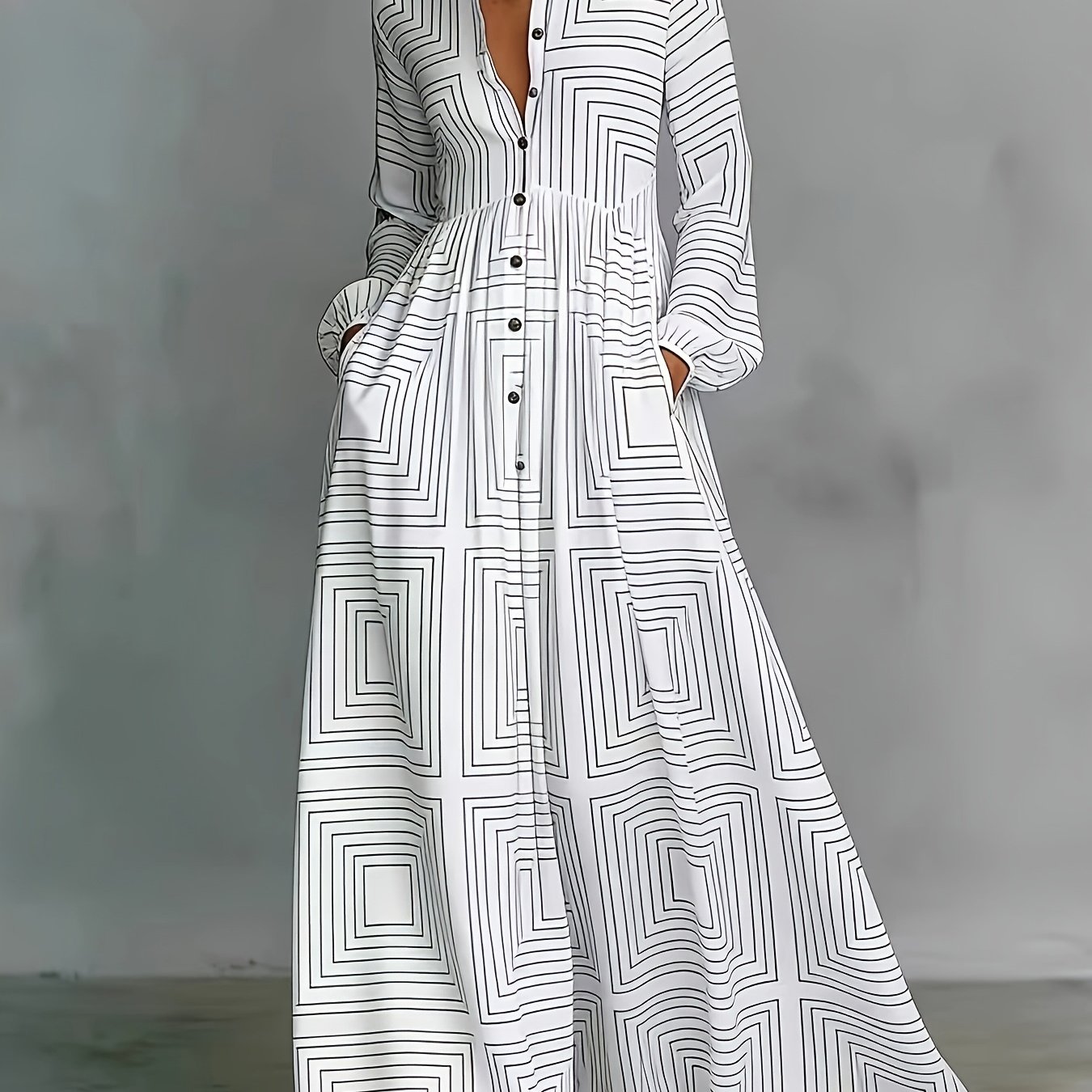TEMU Autumn Shirt Dress With Floral Print, New Women's High-waist Double- Collared Square Print Long Sleeve Dress, Women's Spring/fall Fashion Loose