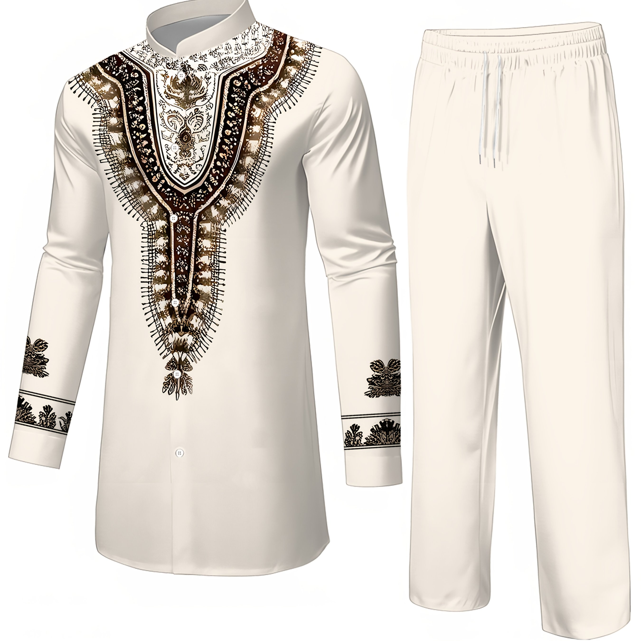 TEMU 2 pièces Ensemble Chemise et Pantalon Imprimé Style Moyen- Africain pour Homme, Tenue Décontractée et Tendance