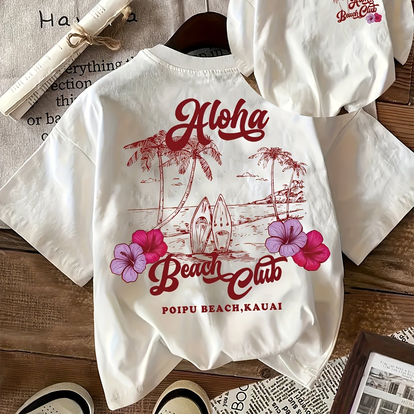 Image of Women's Beach Lettering T-shirt - Casual Short Sleeve Round Neck Blouse With - Alphabet Print (suitable For -beach Outfits, Vacations, Casual Attire) - Machine Washable Comfortable Spring Summer Top