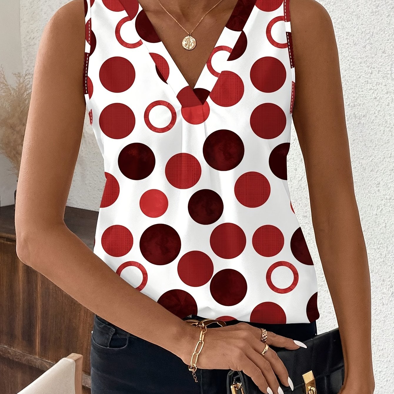 E-shop Elegantes Richtungsweisendes Klassisches Casual Polka-Dot V-Ausschnitt Damen Tanktop, Geeignet für den Sommer