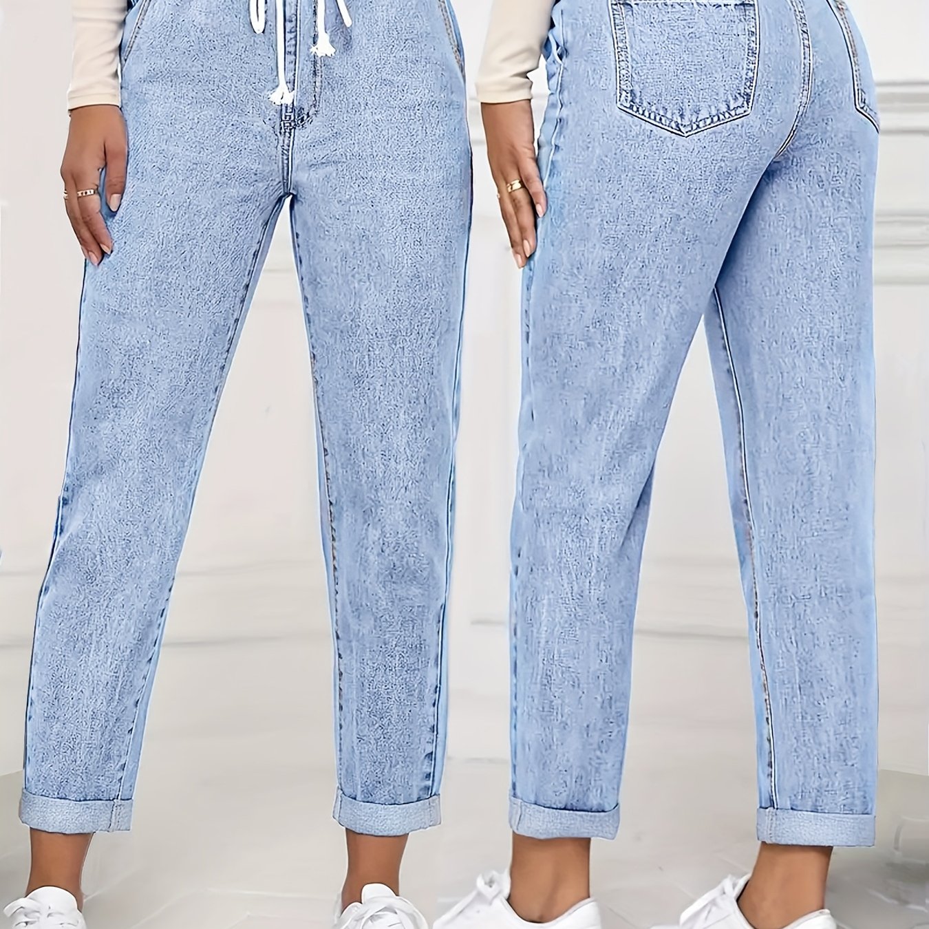 TEMU Women's High-waisted Tummy Control Cropped Jeans - Elastic Drawstring Straight-leg Tapered Denim Pants With Pocketed Mom Style, Acid Wash Blue