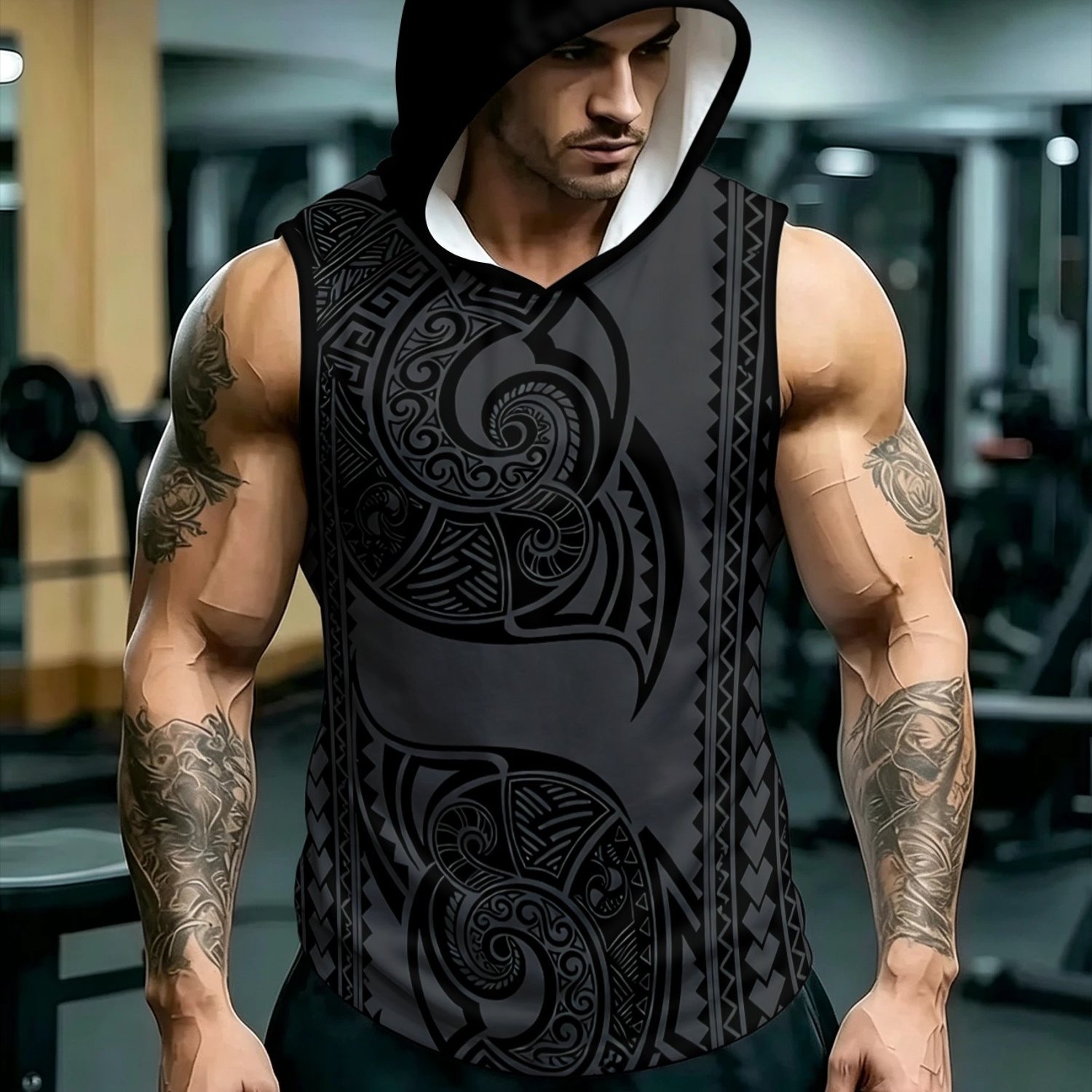 TEMU Printed Design - Not Textured Plus Size Men's Sleeveless Vest, Fashionable Polynesian Maori Art Design, Suitable For Daily Wear, Outdoor