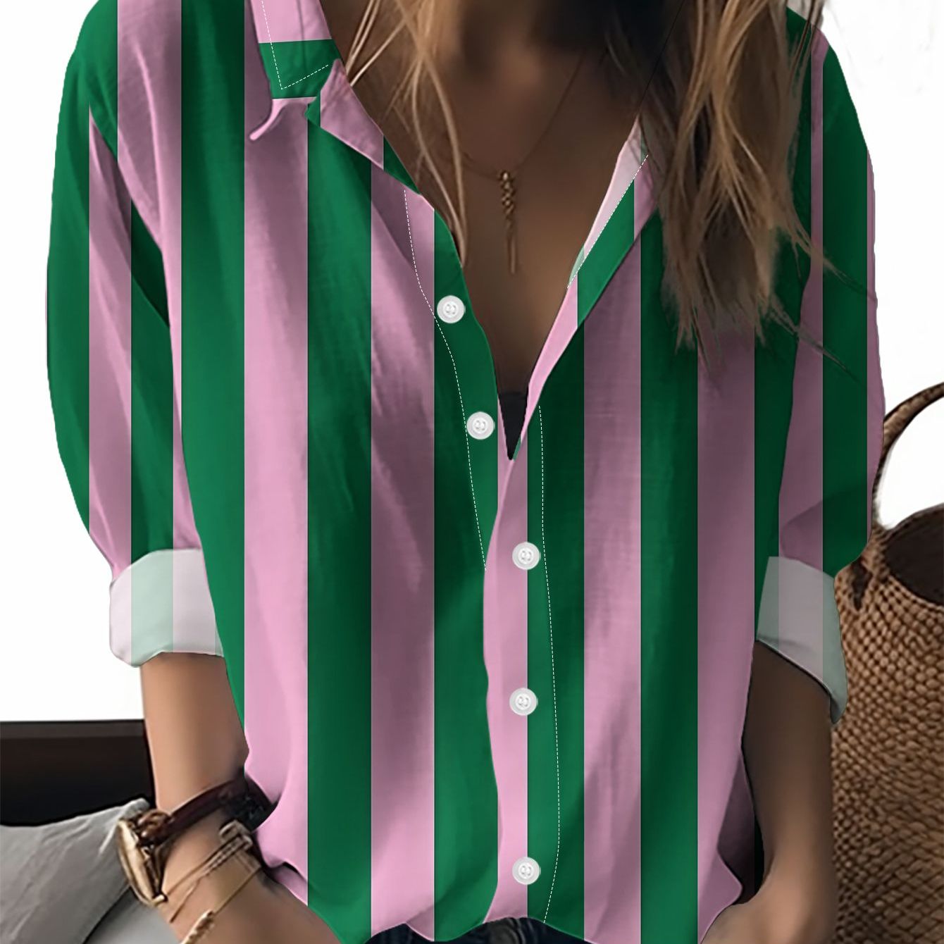 TEMU Women's Spring Autumn Clothing, Pink Green Pinstripe Printed Long Sleeve Shirt, Relaxed Style Lapel Casual Vacation Blouse