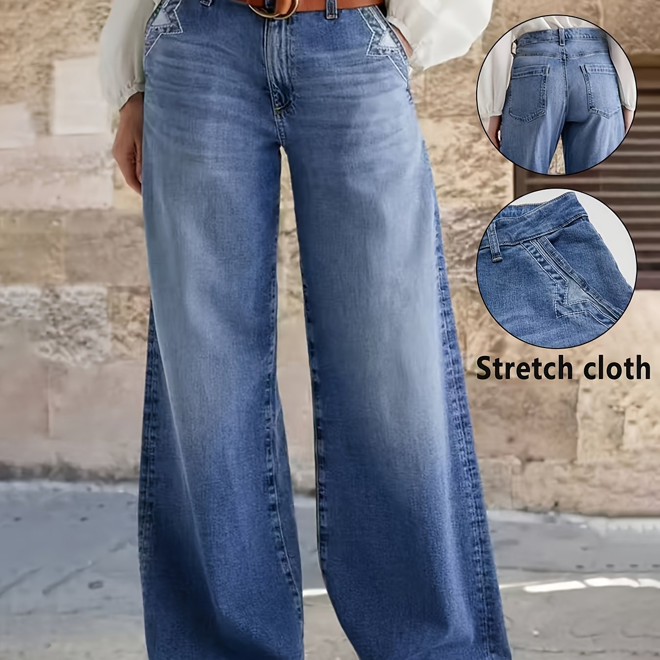 Image of Women's Stretch Fashion Comfortable Straight Wide-leg Trousers, Slant Wide Pants, Washed Blue Casual Trousers, , Classic Versatile, Suitable For , Weekend, Travel, Daily Wear Denim Jeans