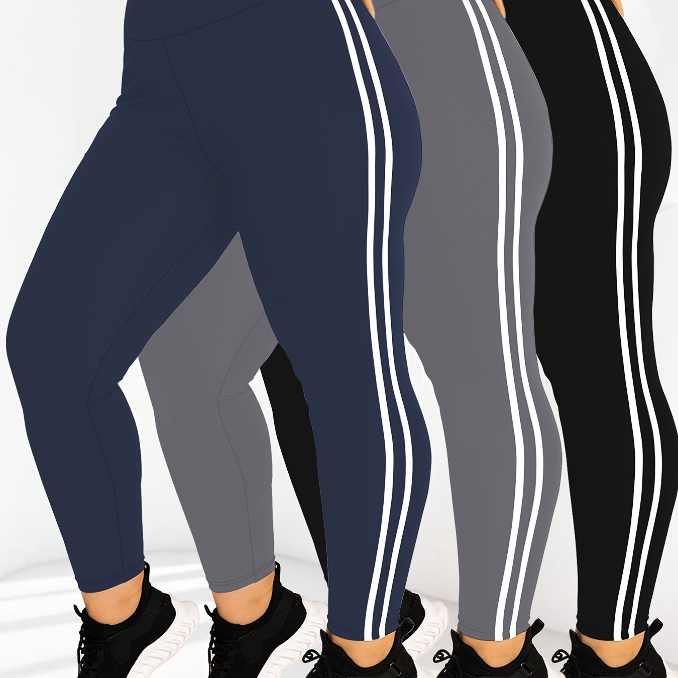 TEMU Plus Size, 3-pack - Plus Size Flat Waistband Side-compression Leggings With