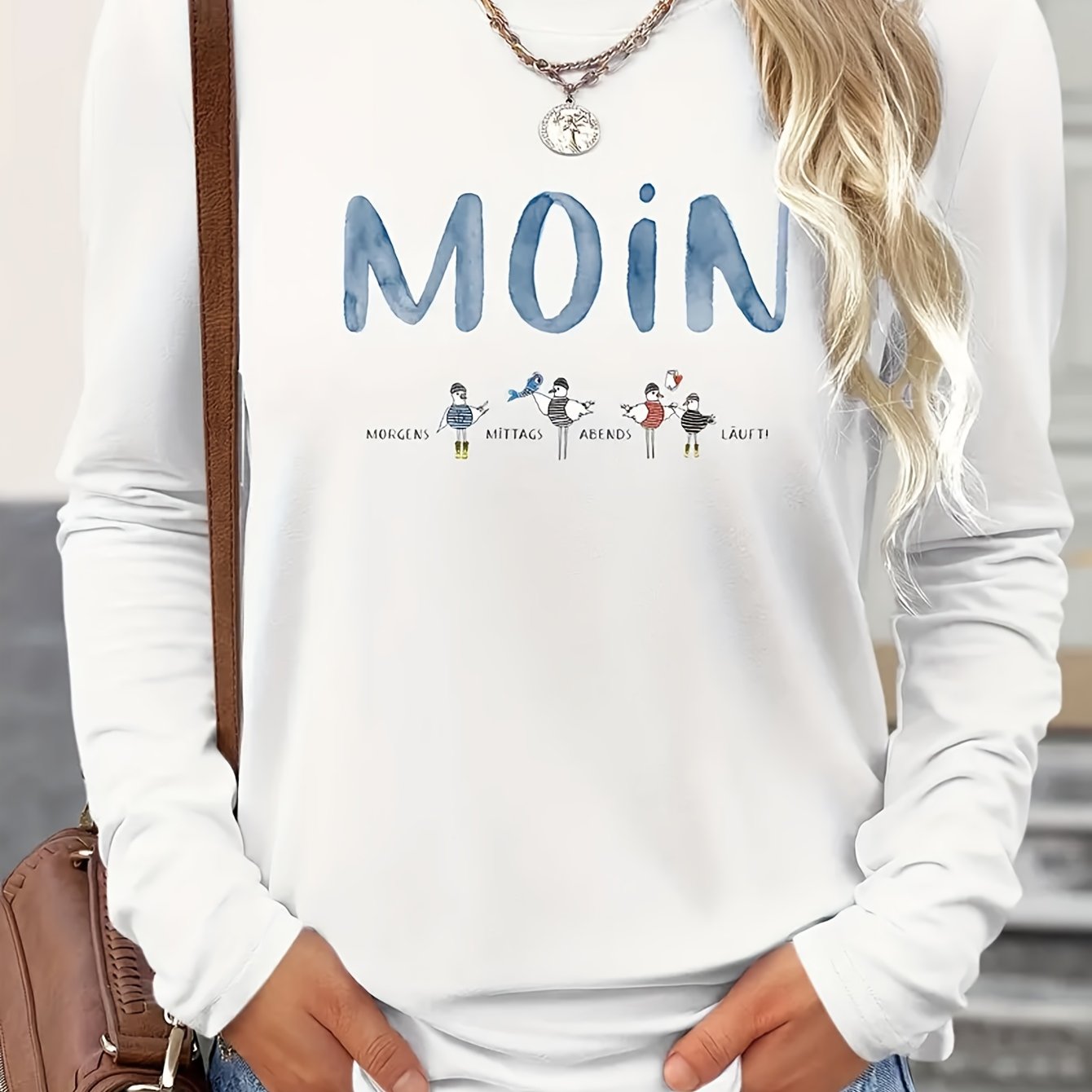 TEMU Einpack Casual Damen-T-Shirt mit "MOiN" Schmetterlingsdruck, Rundhalsausschnitt und Langarm in Blau – Weicher Atmungsaktiver Stoff für Frühling,